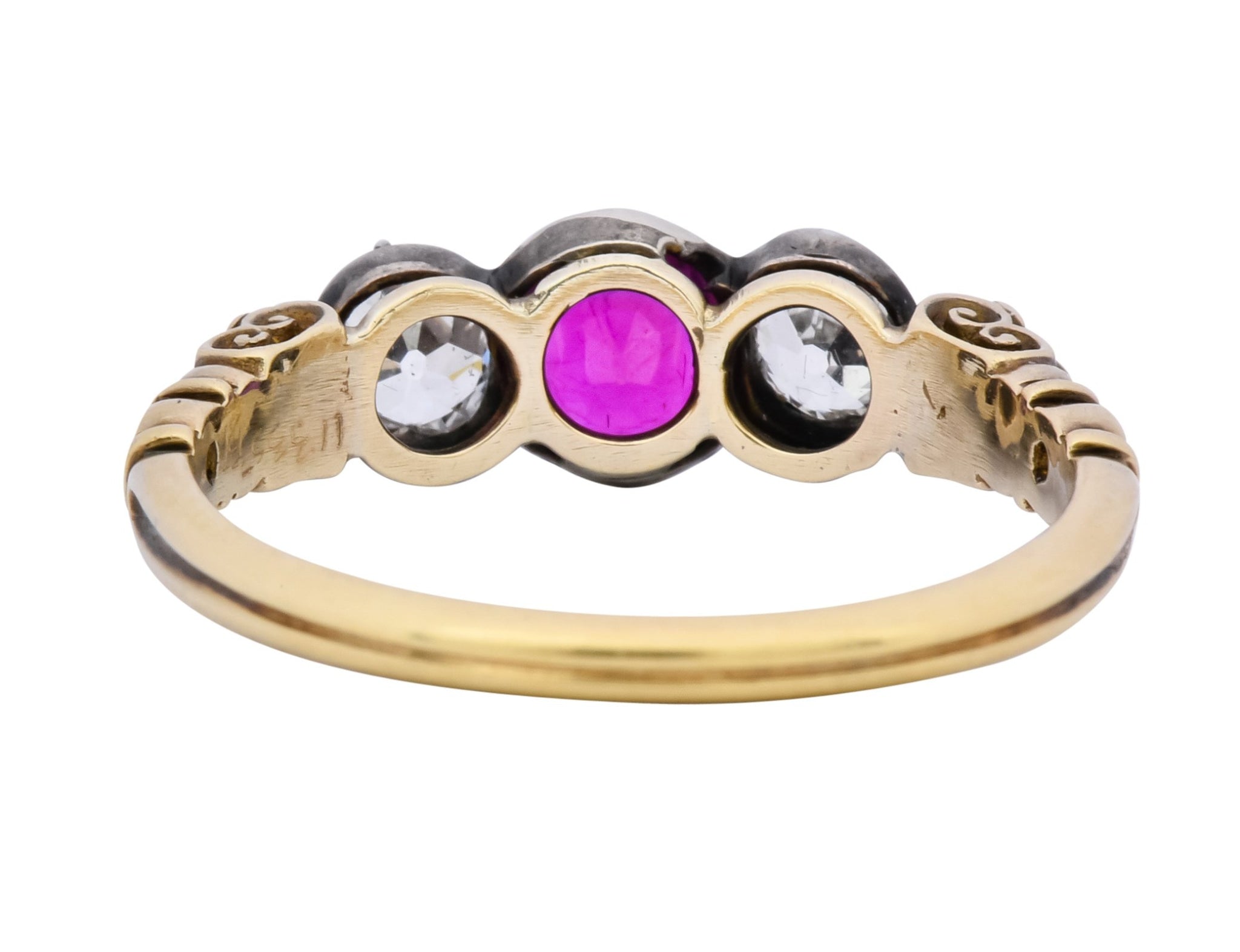 Victorian 0.70 Carats Diamond Ruby Silver-Topped 14 Karat Gold Three Stone Ring - Wilson's Estate Jewelry