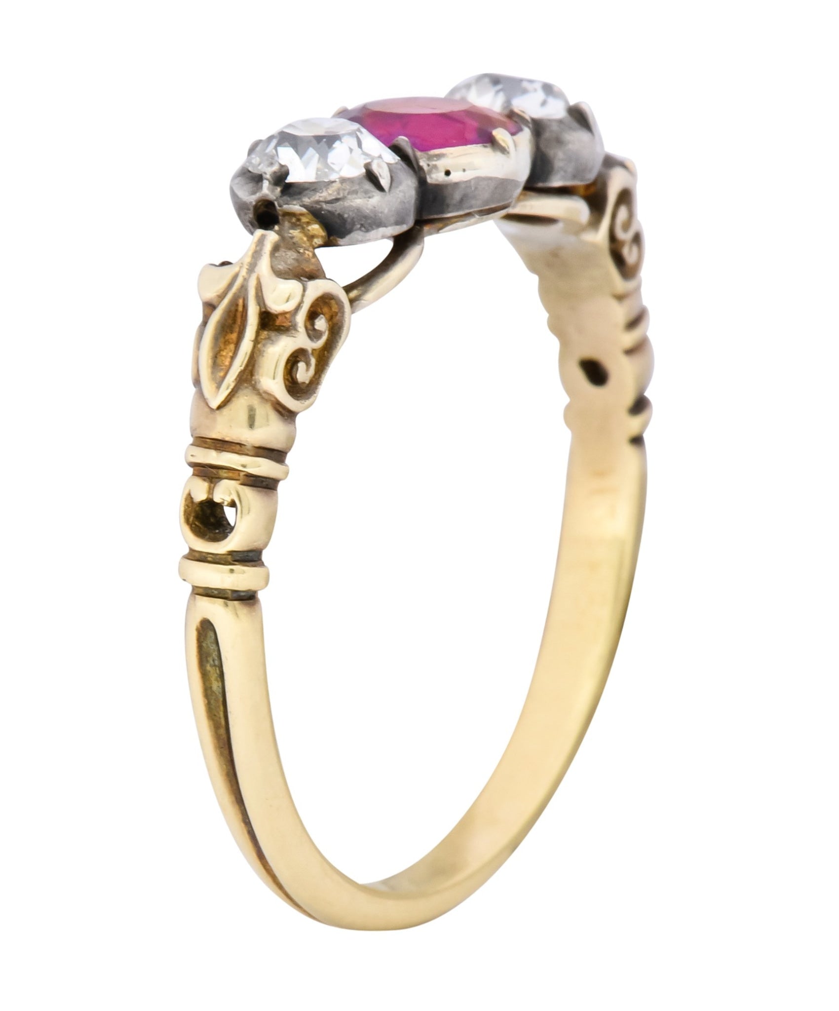 Victorian 0.70 Carats Diamond Ruby Silver-Topped 14 Karat Gold Three Stone Ring - Wilson's Estate Jewelry