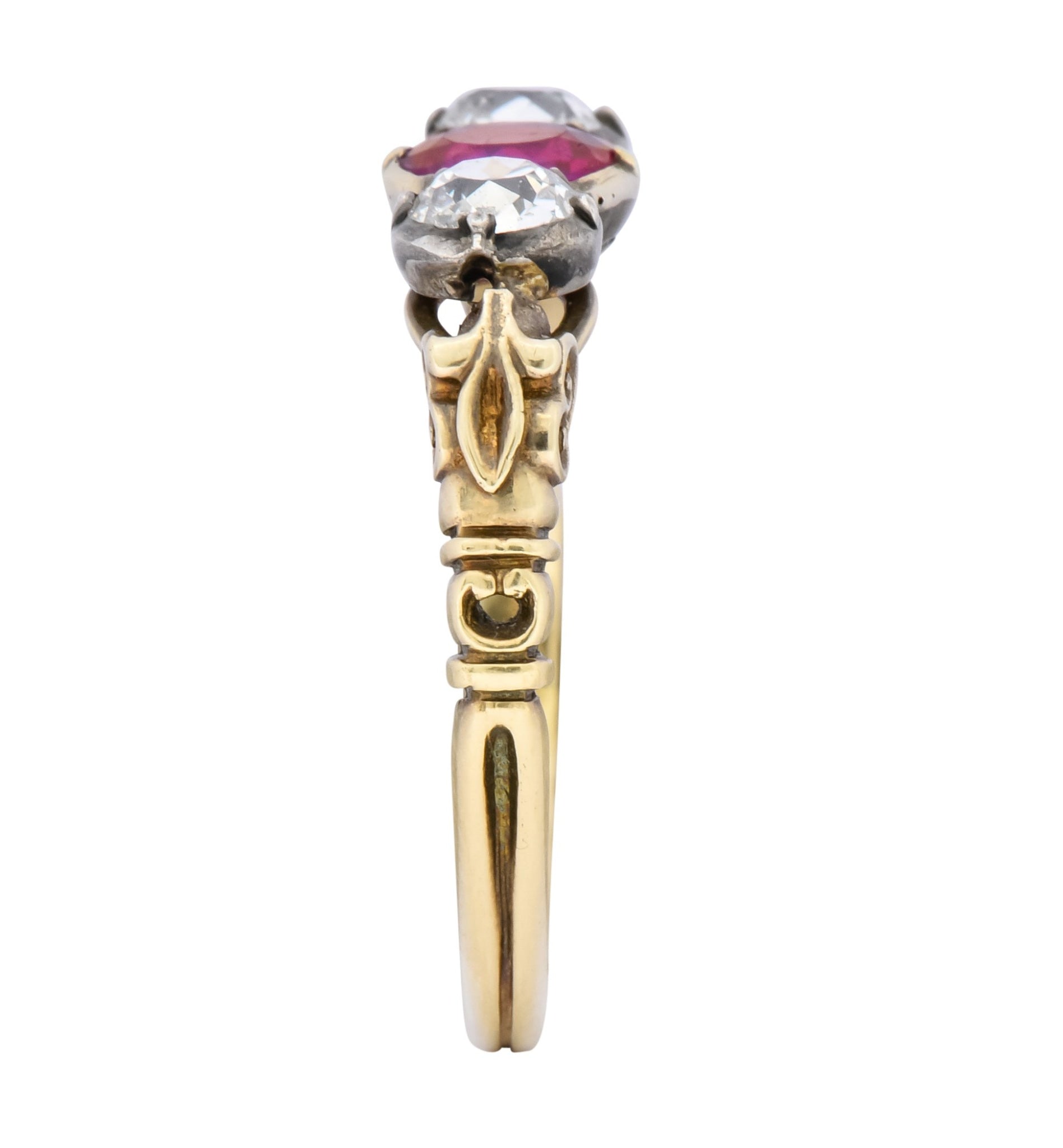 Victorian 0.70 Carats Diamond Ruby Silver-Topped 14 Karat Gold Three Stone Ring - Wilson's Estate Jewelry