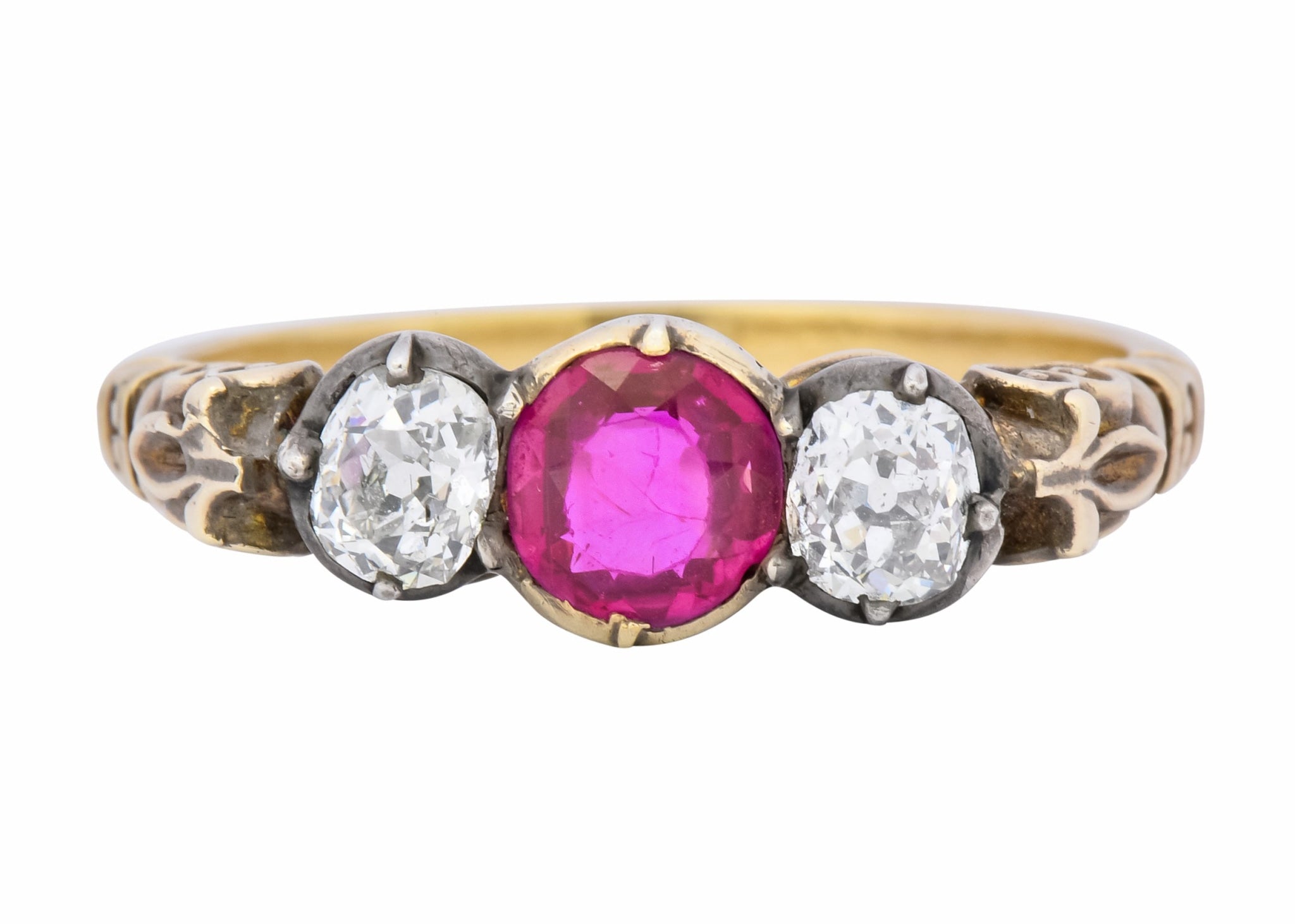 Victorian 0.70 Carats Diamond Ruby Silver-Topped 14 Karat Gold Three Stone Ring - Wilson's Estate Jewelry