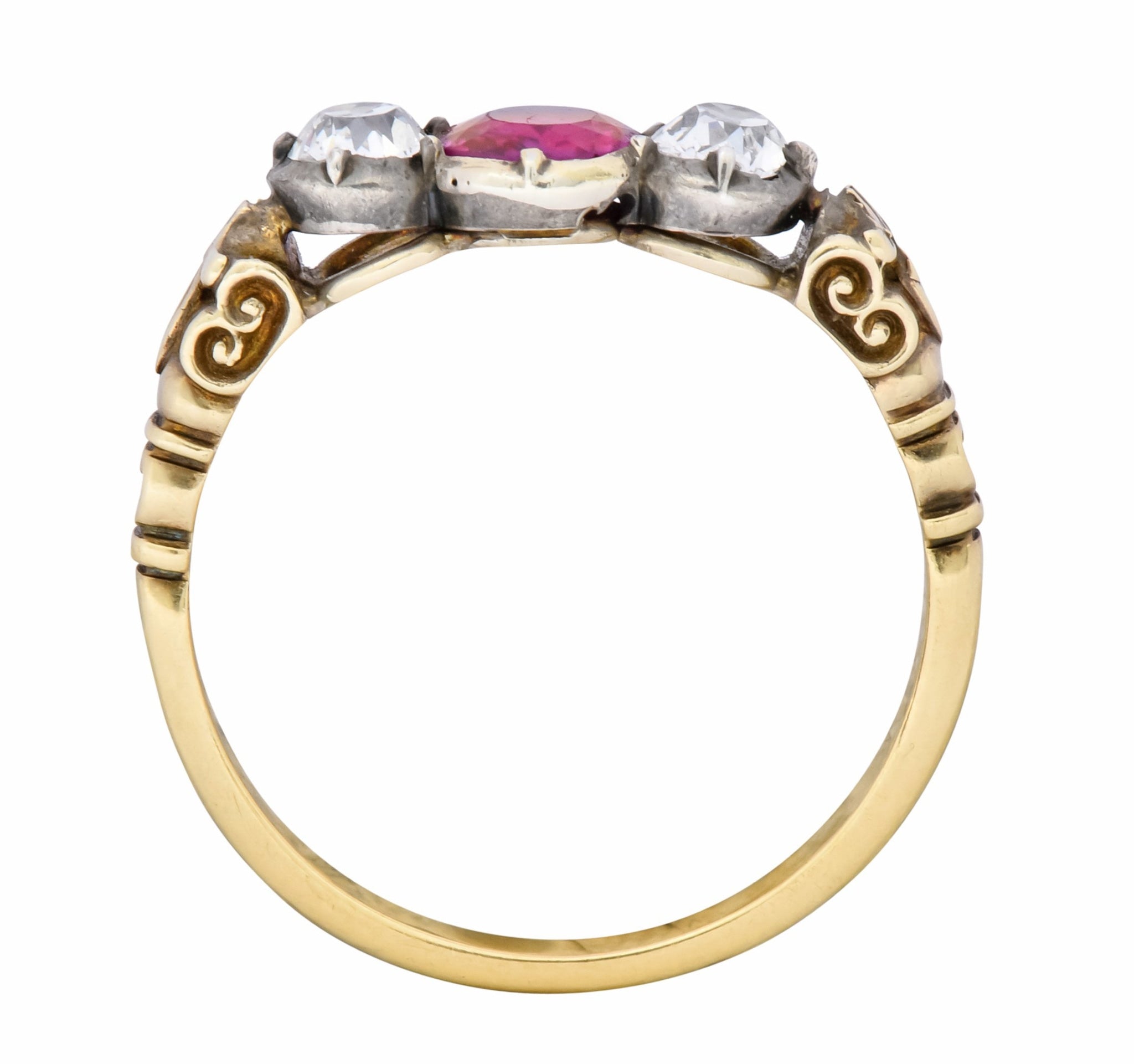 Victorian 0.70 Carats Diamond Ruby Silver-Topped 14 Karat Gold Three Stone Ring - Wilson's Estate Jewelry