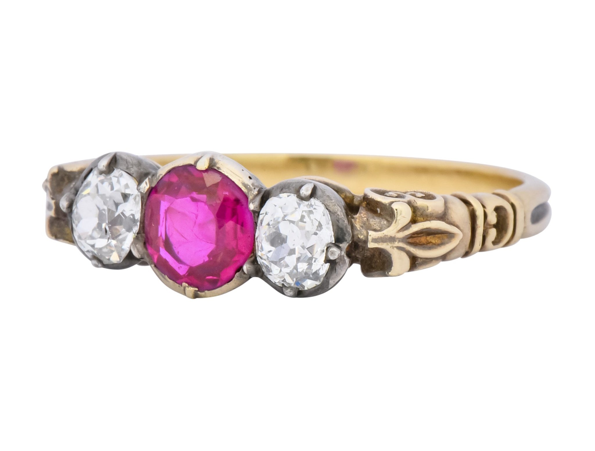 Victorian 0.70 Carats Diamond Ruby Silver-Topped 14 Karat Gold Three Stone Ring - Wilson's Estate Jewelry