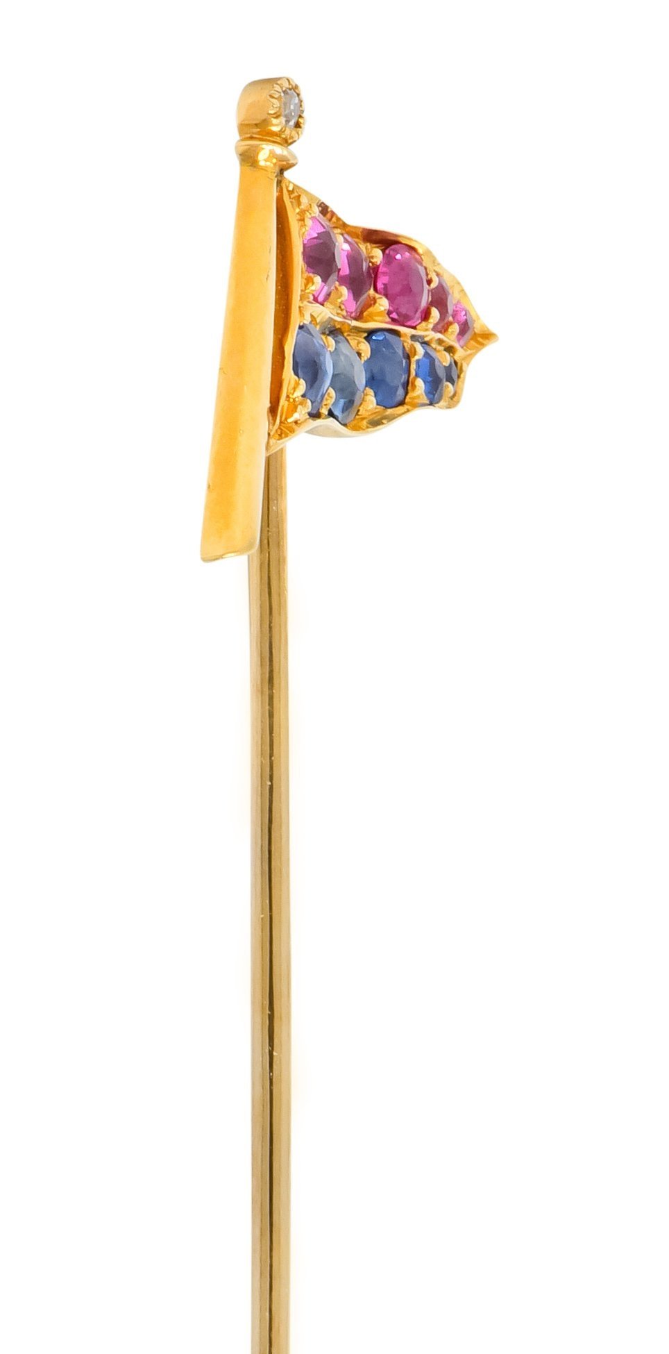 Victorian 0.80 CTW Ruby Sapphire Diamond 18 Karat Gold University of Pennsylvania Pennant Flag Stickpin - Wilson's Estate Jewelry