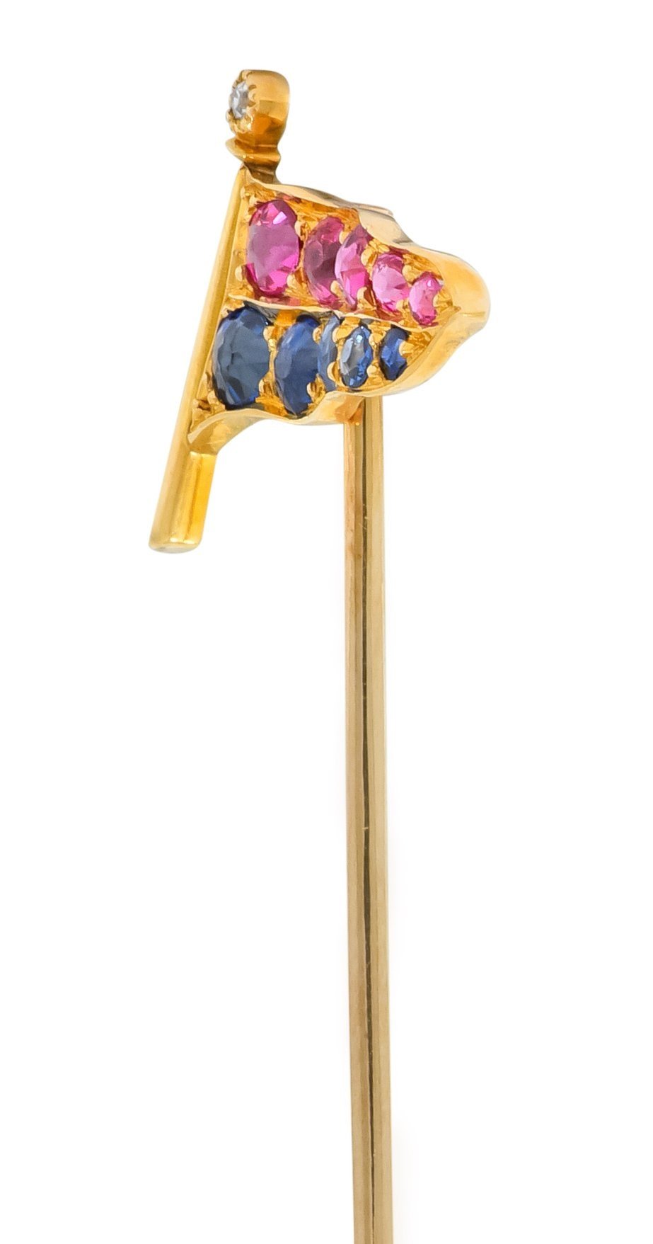 Victorian 0.80 CTW Ruby Sapphire Diamond 18 Karat Gold University of Pennsylvania Pennant Flag Stickpin - Wilson's Estate Jewelry