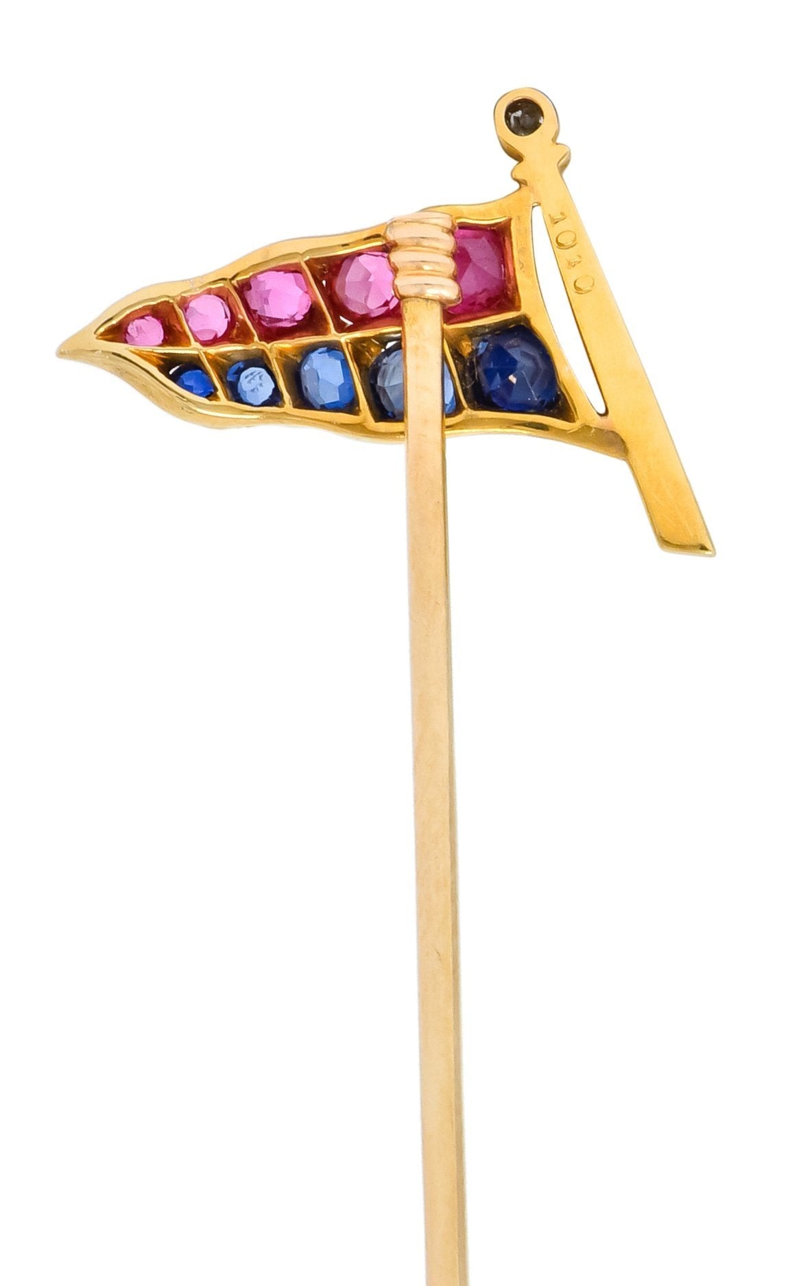 Victorian 0.80 CTW Ruby Sapphire Diamond 18 Karat Gold University of Pennsylvania Pennant Flag Stickpin - Wilson's Estate Jewelry