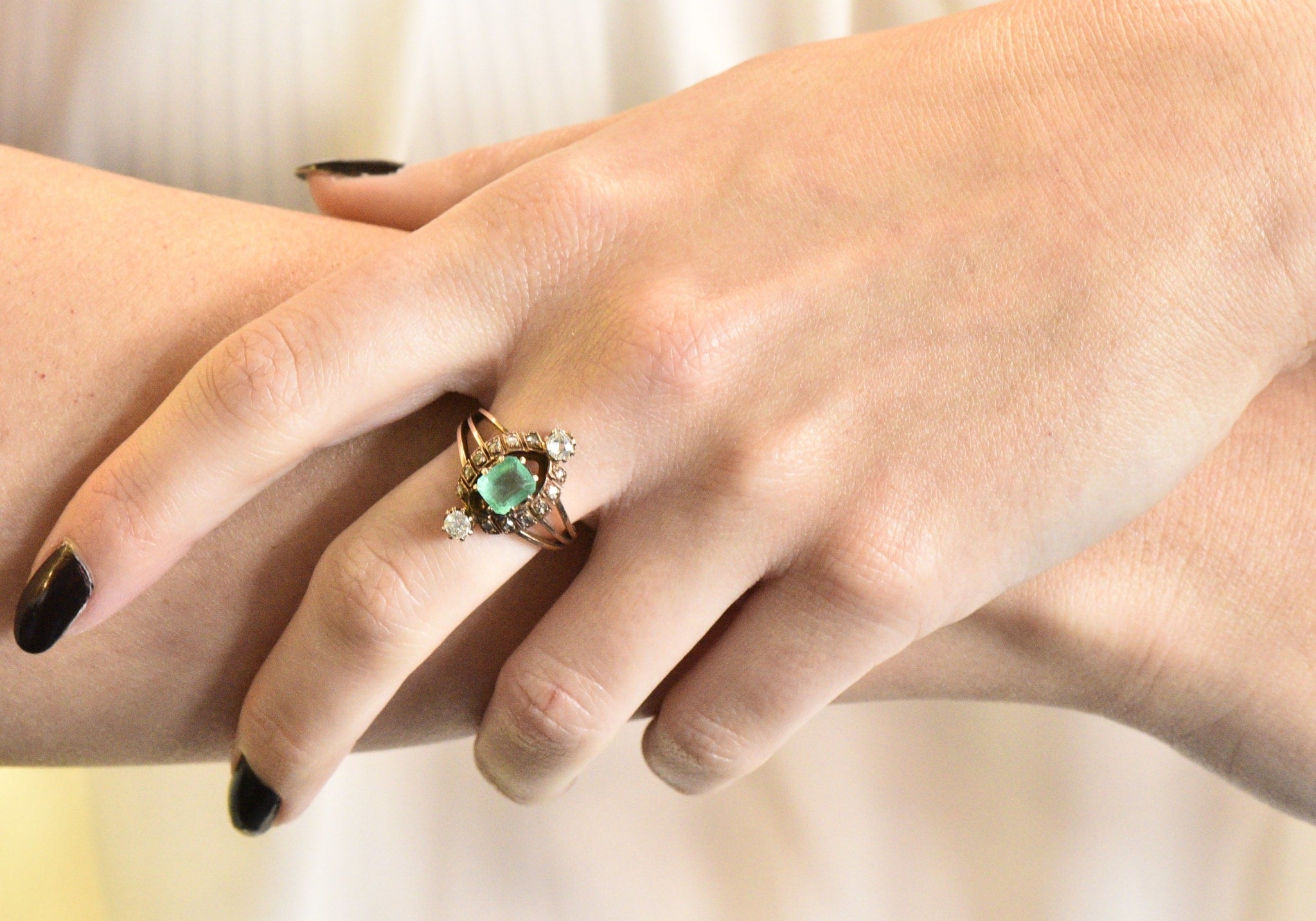 Victorian 1.25 CTW Emerald Diamond 14 Karat Rose Gold Halo Ring Wilson's Estate Jewelry