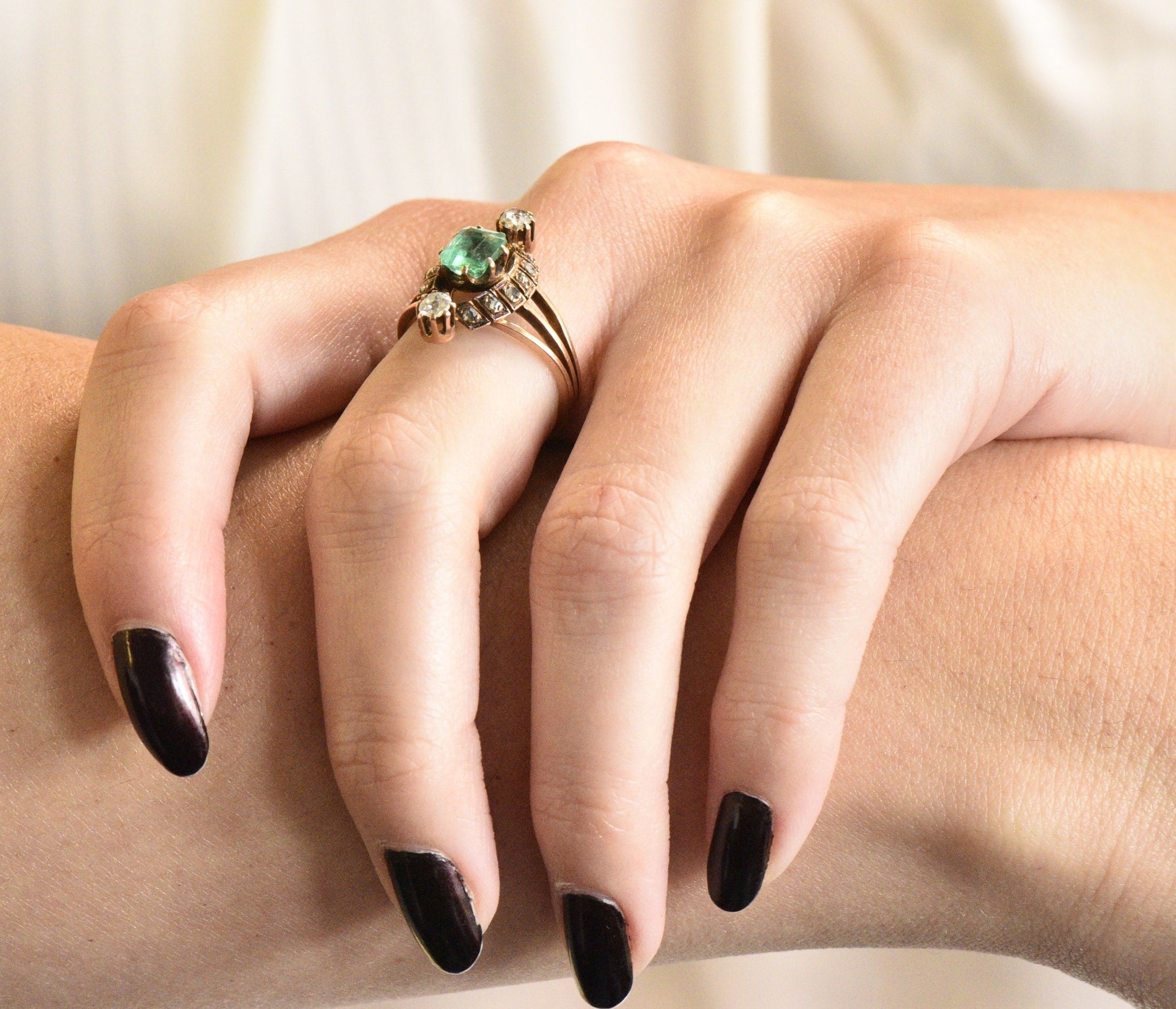 Victorian 1.25 CTW Emerald Diamond 14 Karat Rose Gold Halo Ring Wilson's Estate Jewelry