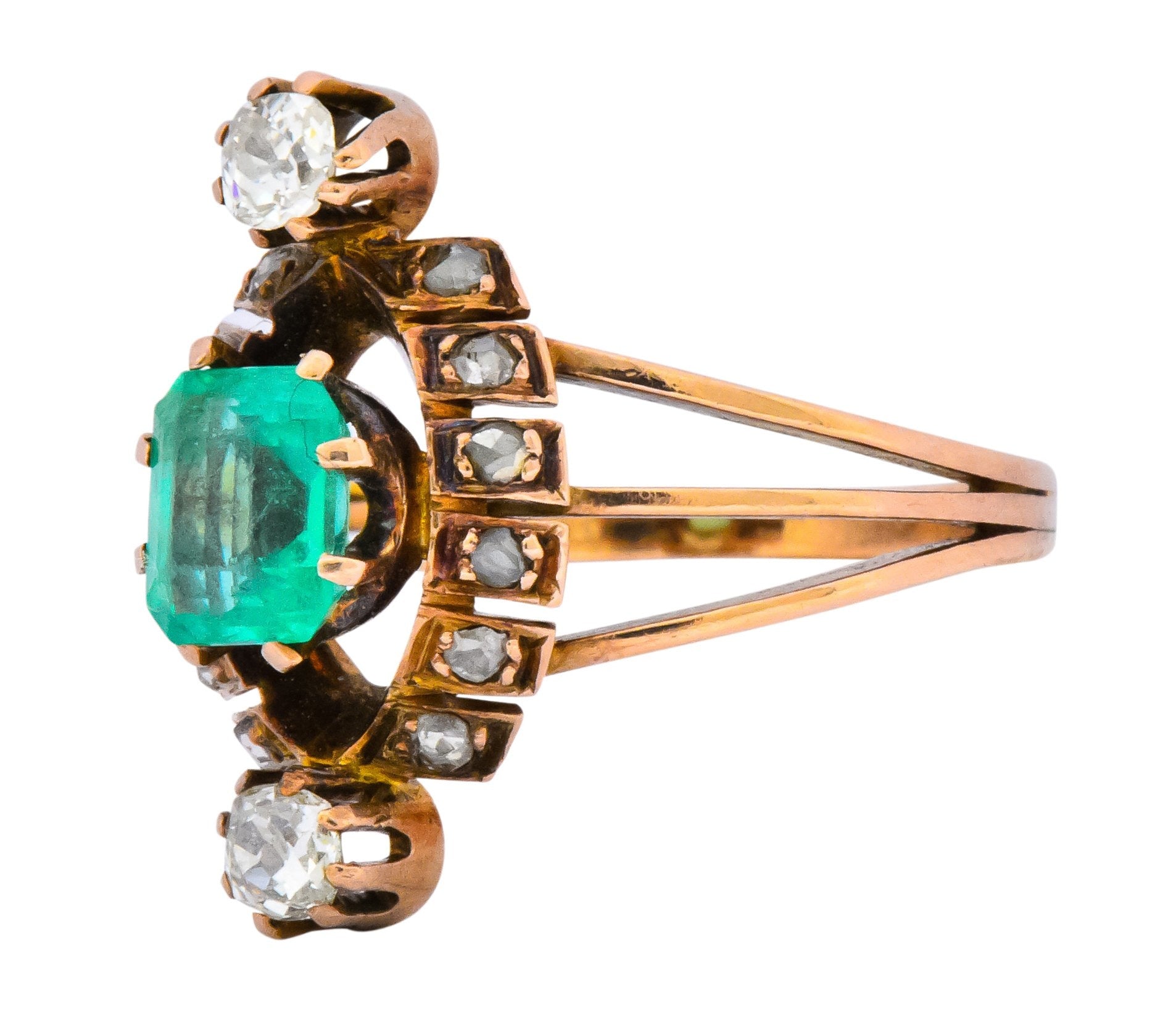 Victorian 1.25 CTW Emerald Diamond 14 Karat Rose Gold Halo Ring Wilson's Estate Jewelry