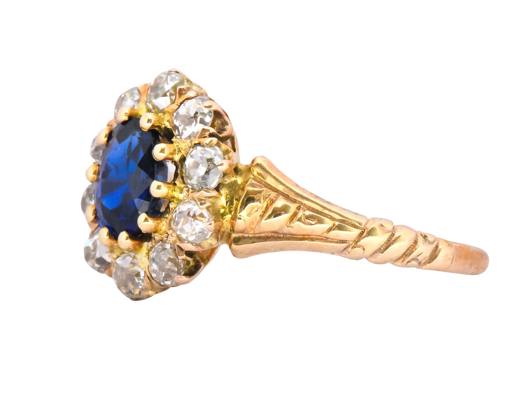 Victorian 1.57 CTW Sapphire Old Mine Cut Diamond 14 Karat Gold Cluster Ring Wilson's Estate Jewelry