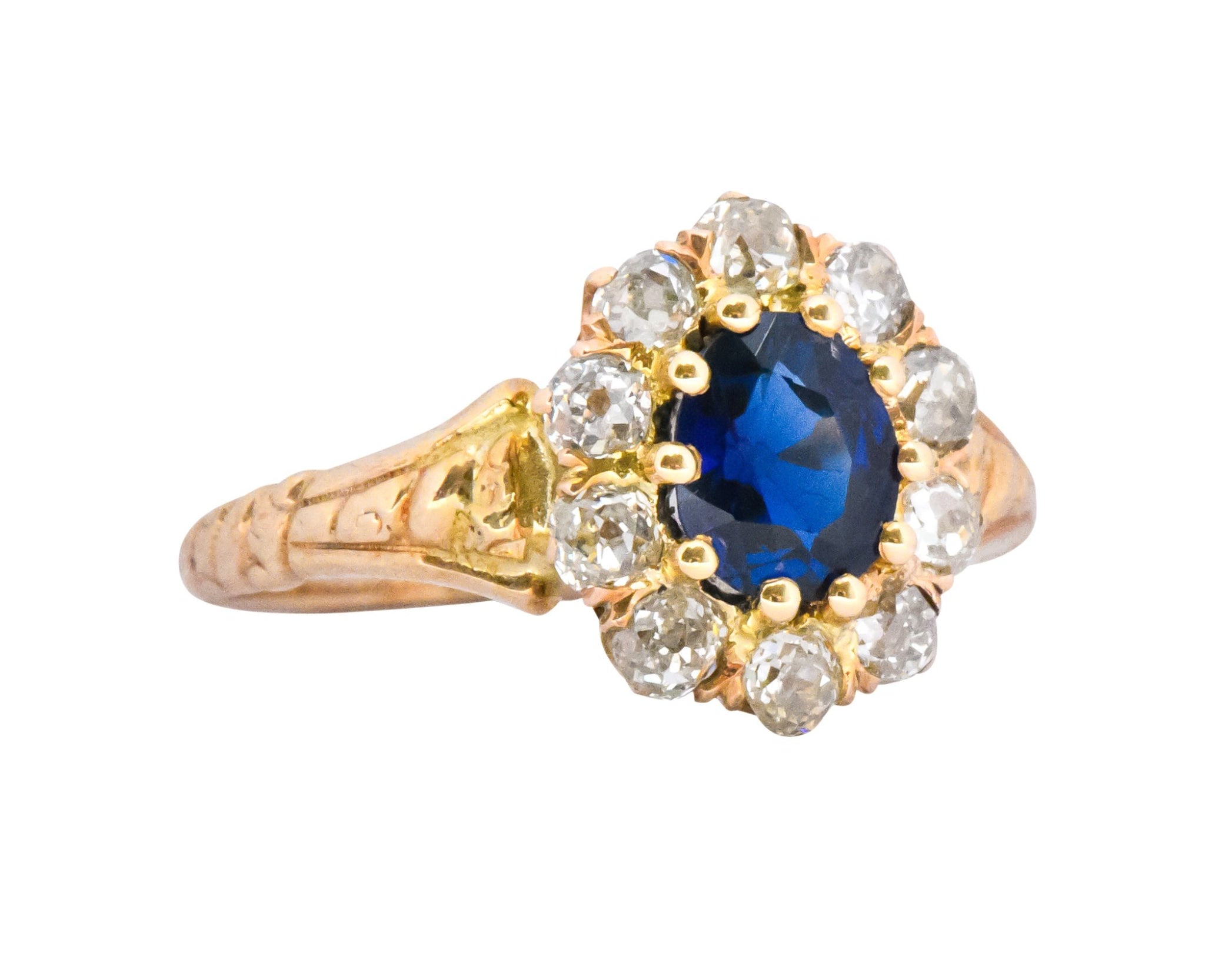 Victorian 1.57 CTW Sapphire Old Mine Cut Diamond 14 Karat Gold Cluster Ring Wilson's Estate Jewelry