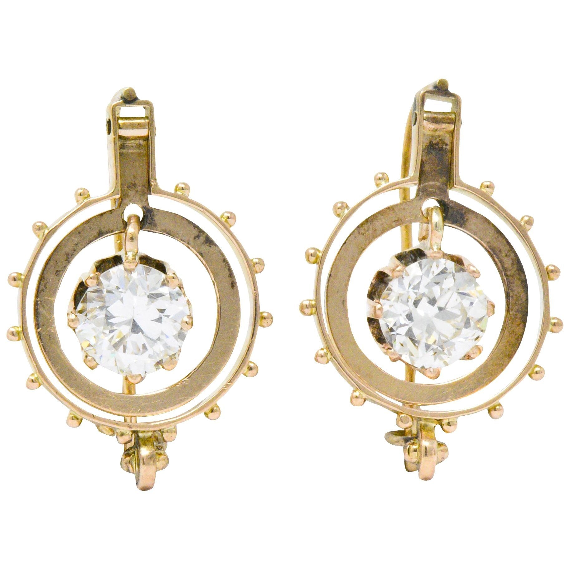 Victorian 1.95 CTW Diamond 14 Karat Rose Gold Drop Earrings GIA Wilson's Estate Jewelry