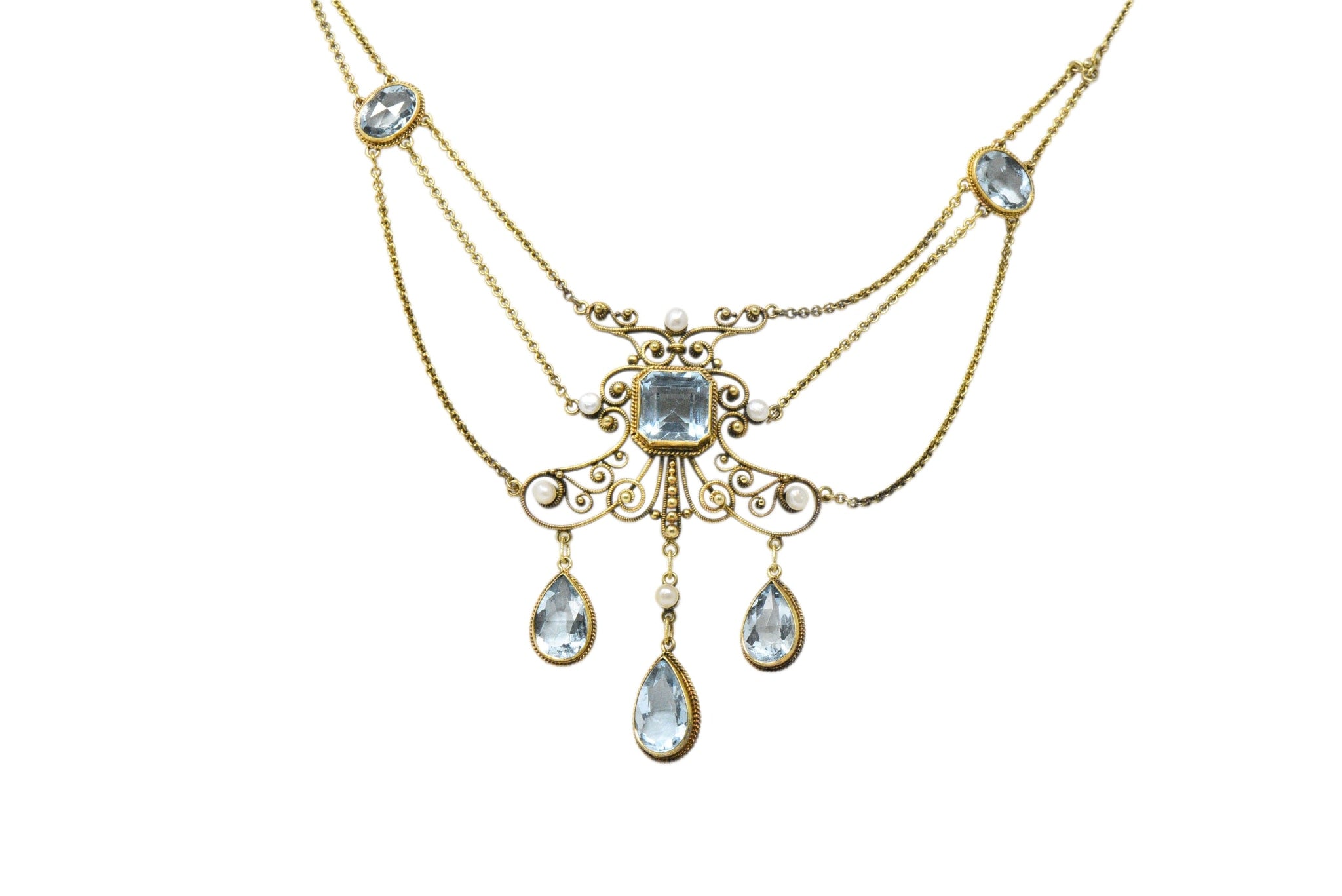 Victorian 10.00 CTW Aquamarine Seed Pearl 14 Karat Gold Swag Necklace Wilson's Estate Jewelry