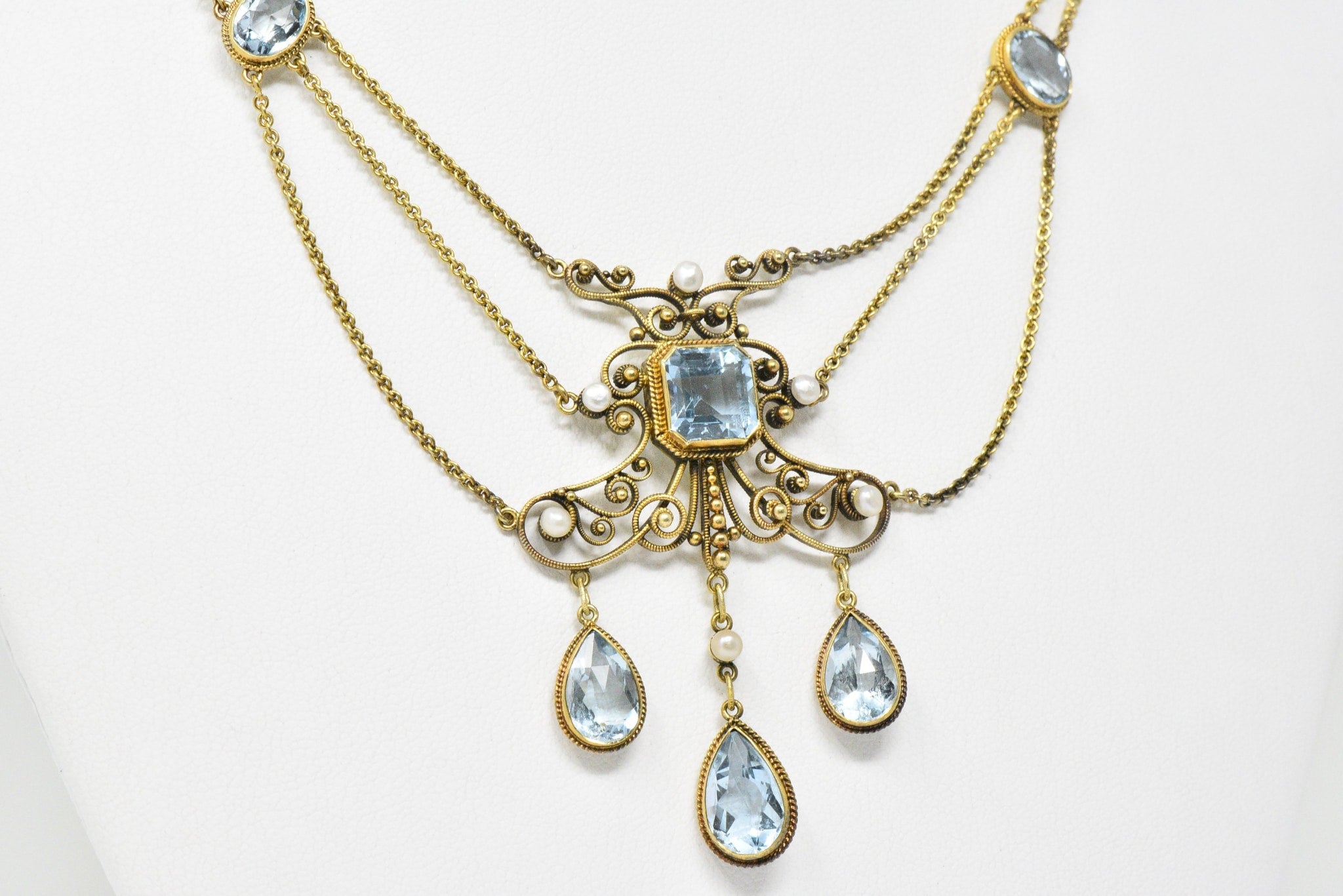 Victorian 10.00 CTW Aquamarine Seed Pearl 14 Karat Gold Swag Necklace Wilson's Estate Jewelry
