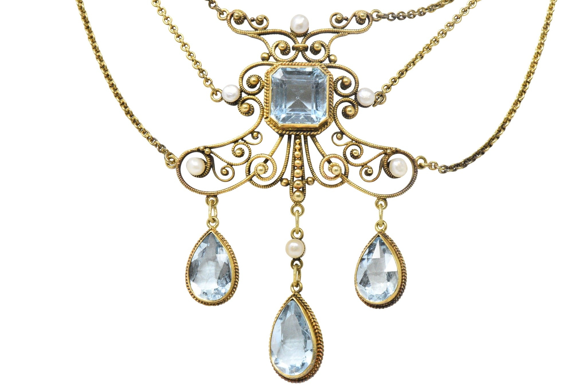 Victorian 10.00 CTW Aquamarine Seed Pearl 14 Karat Gold Swag Necklace Wilson's Estate Jewelry