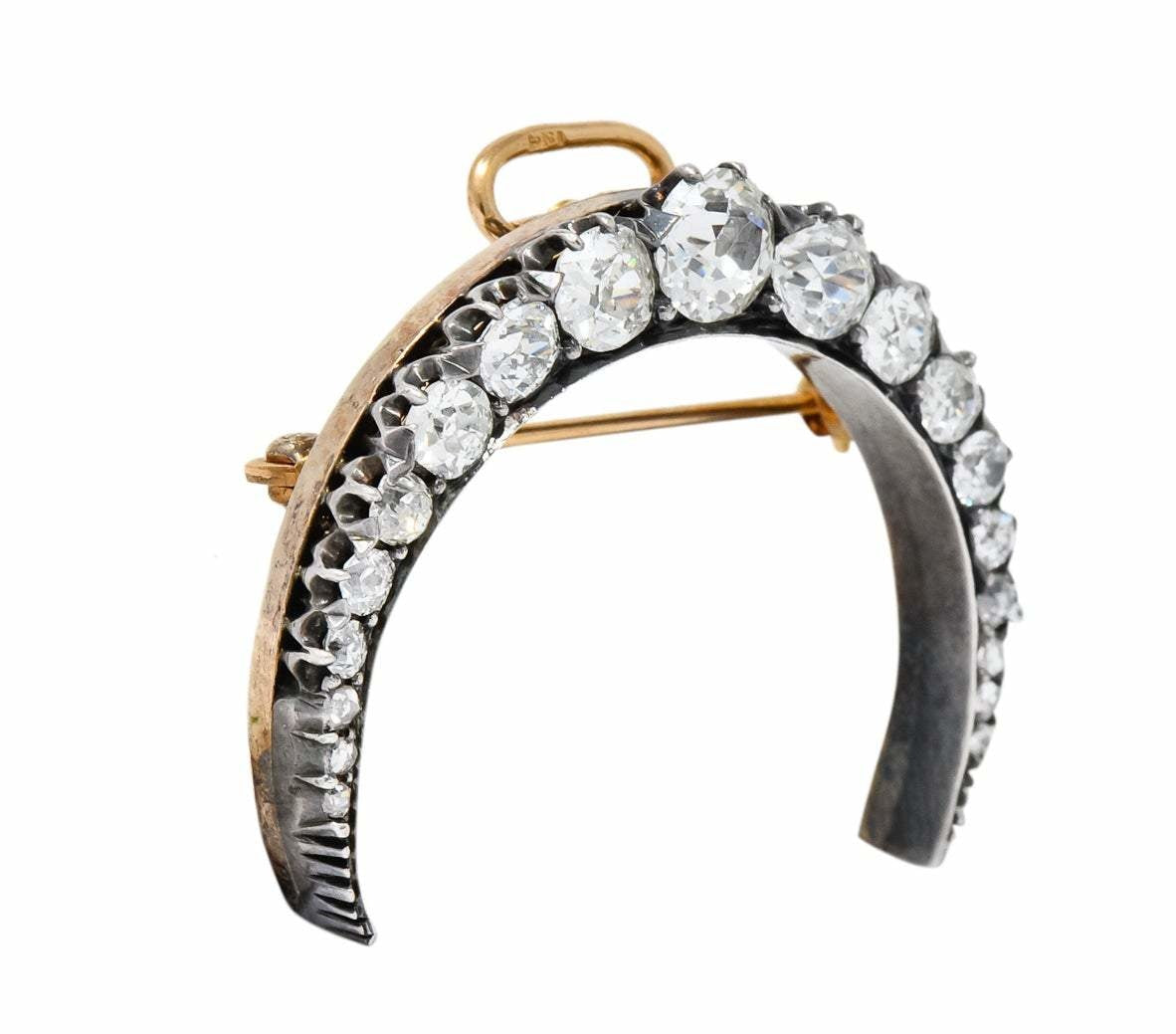 Victorian 2.00 CTW Diamond Silver-Topped 14 Karat Gold Honeymoon Crescent Pendant Brooch - Wilson's Estate Jewelry