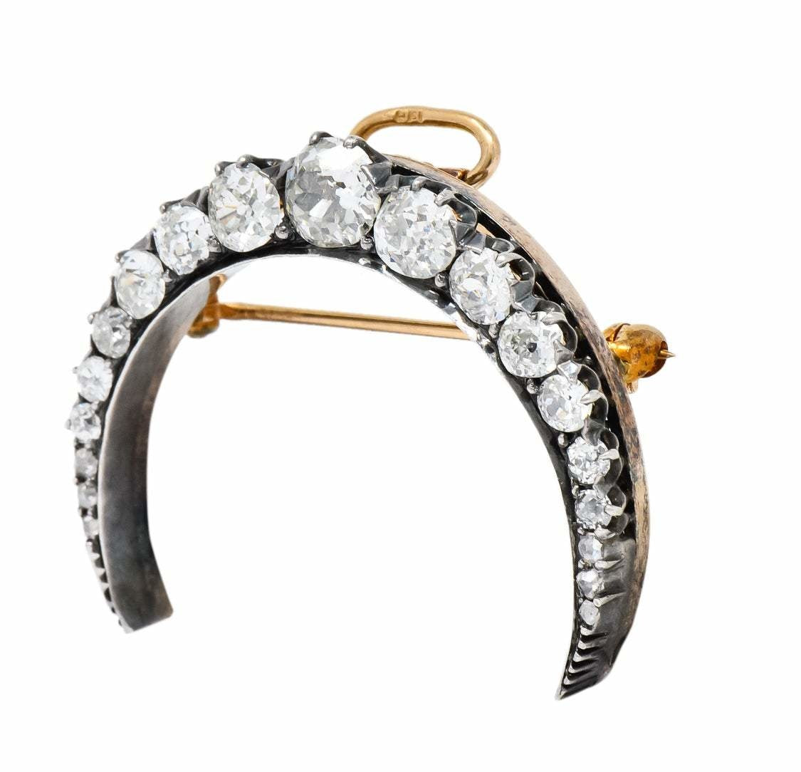 Victorian 2.00 CTW Diamond Silver-Topped 14 Karat Gold Honeymoon Crescent Pendant Brooch - Wilson's Estate Jewelry