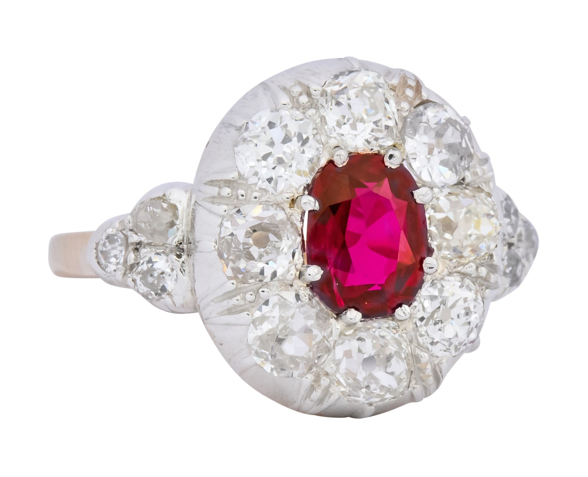 Victorian 2.69 CTW No Heat Ruby Diamond Platinum-Topped 14 Karat Gold Cluster Ring GIA - Wilson's Estate Jewelry