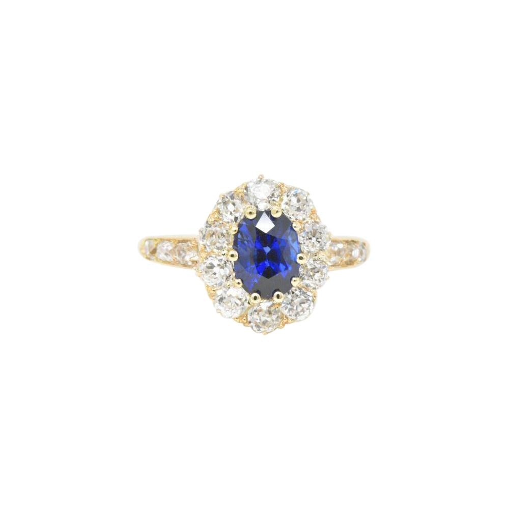 Victorian 3.16 CTW Old Mine Diamond & Sapphire Cluster 14K Gold Alternative Engagement Ring Wilson's Estate Jewelry