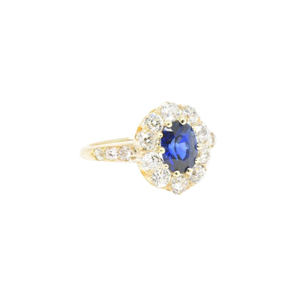 Victorian 3.16 CTW Old Mine Diamond & Sapphire Cluster 14K Gold Alternative Engagement Ring Wilson's Estate Jewelry