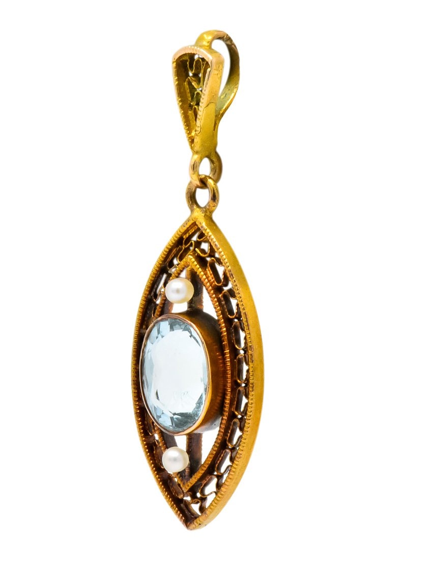 Victorian Aquamarine Seed Pearl 14 Karat Gold Pendant - Wilson's Estate Jewelry