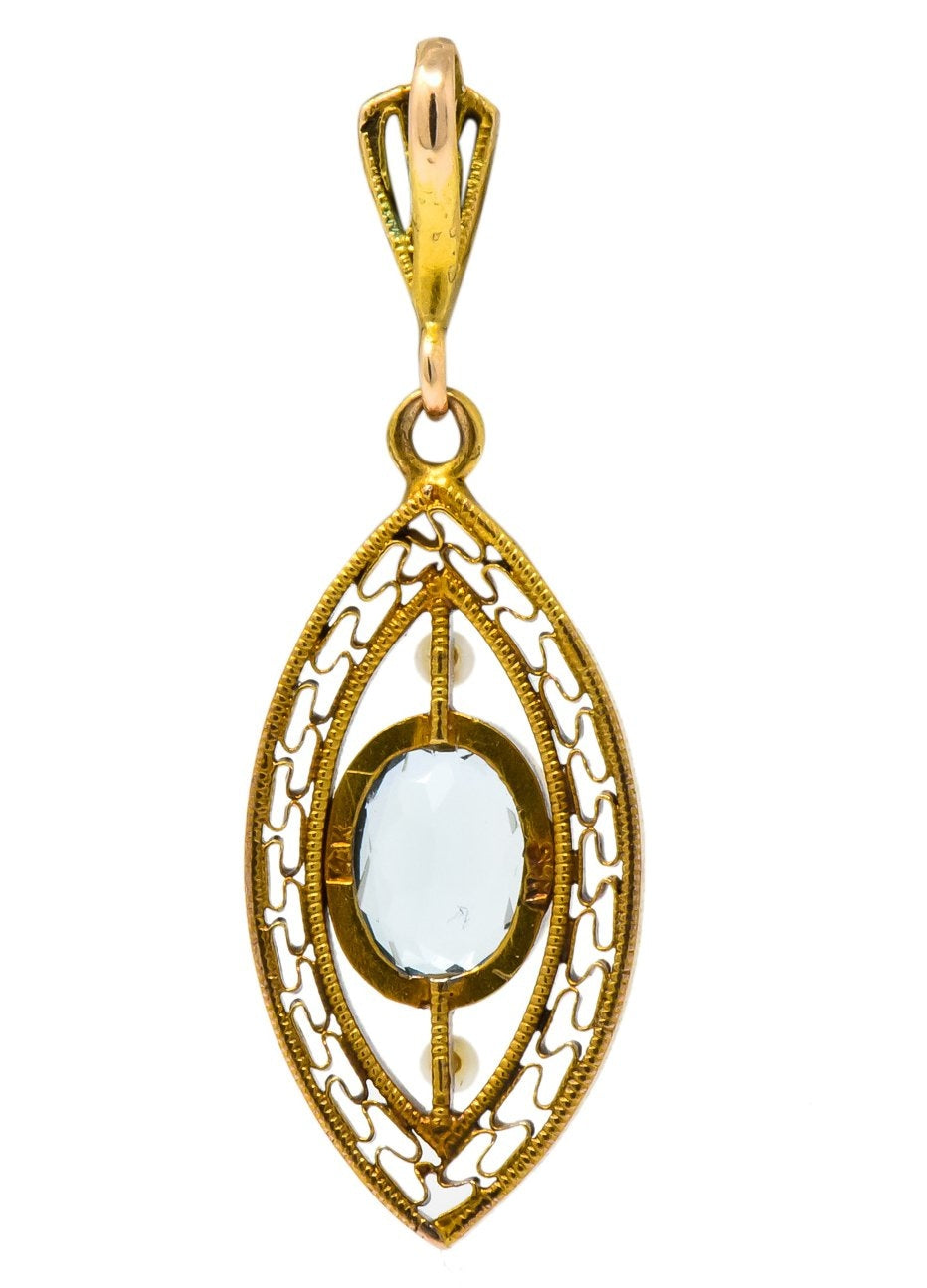 Victorian Aquamarine Seed Pearl 14 Karat Gold Pendant - Wilson's Estate Jewelry