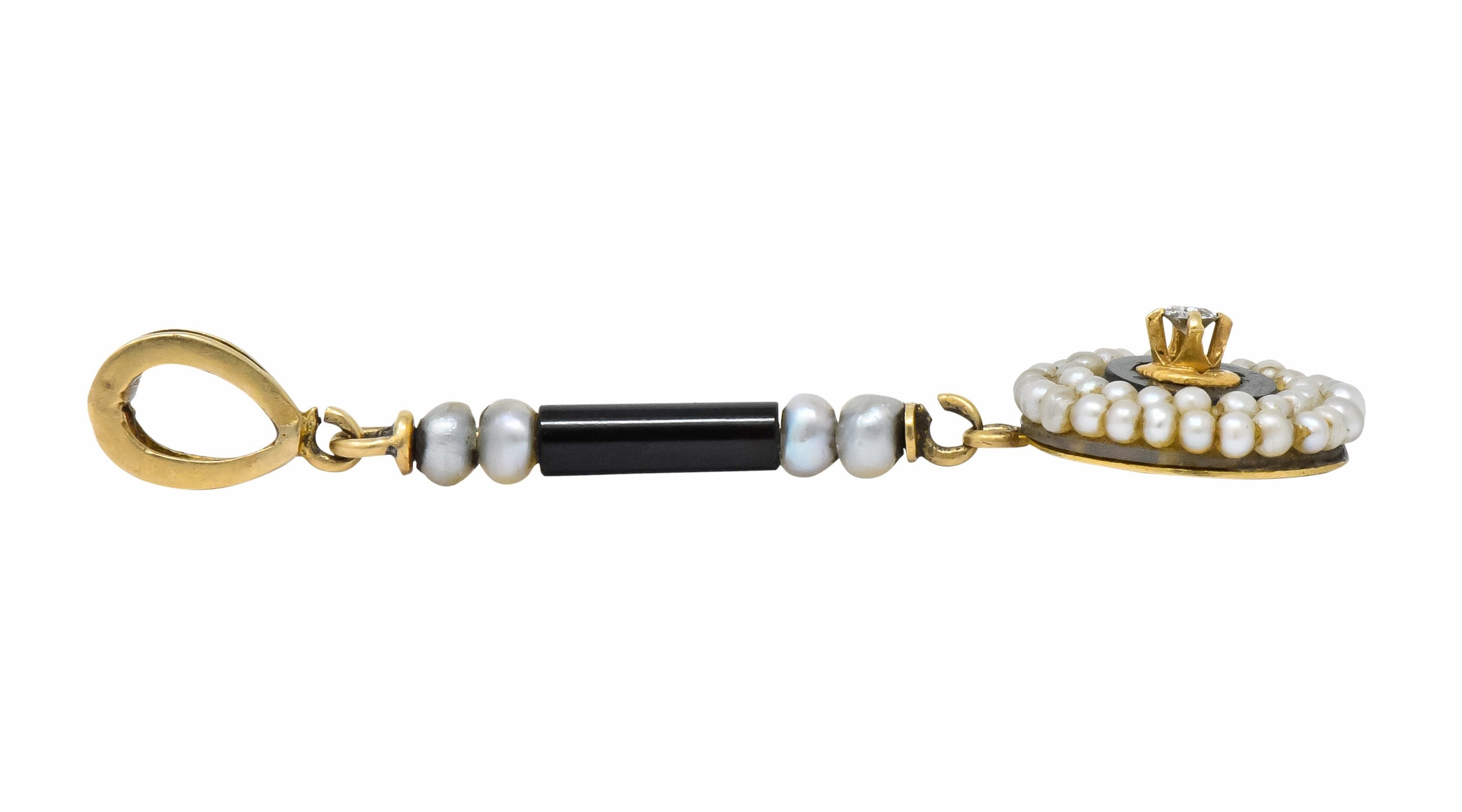 Victorian Diamond Seed Pearl Onyx 14 Karat Gold Drop Pendant Wilson's Estate Jewelry