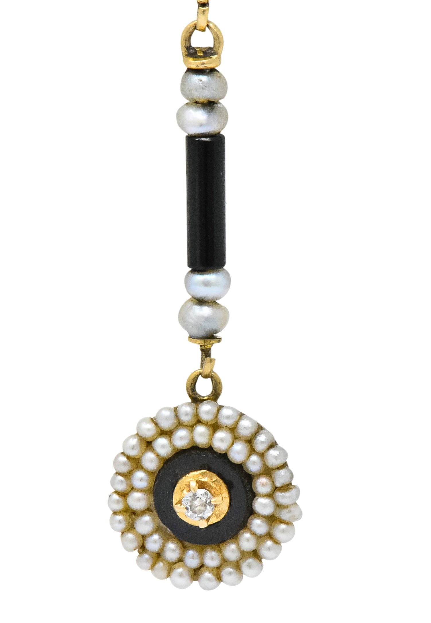 Victorian Diamond Seed Pearl Onyx 14 Karat Gold Drop Pendant Wilson's Estate Jewelry