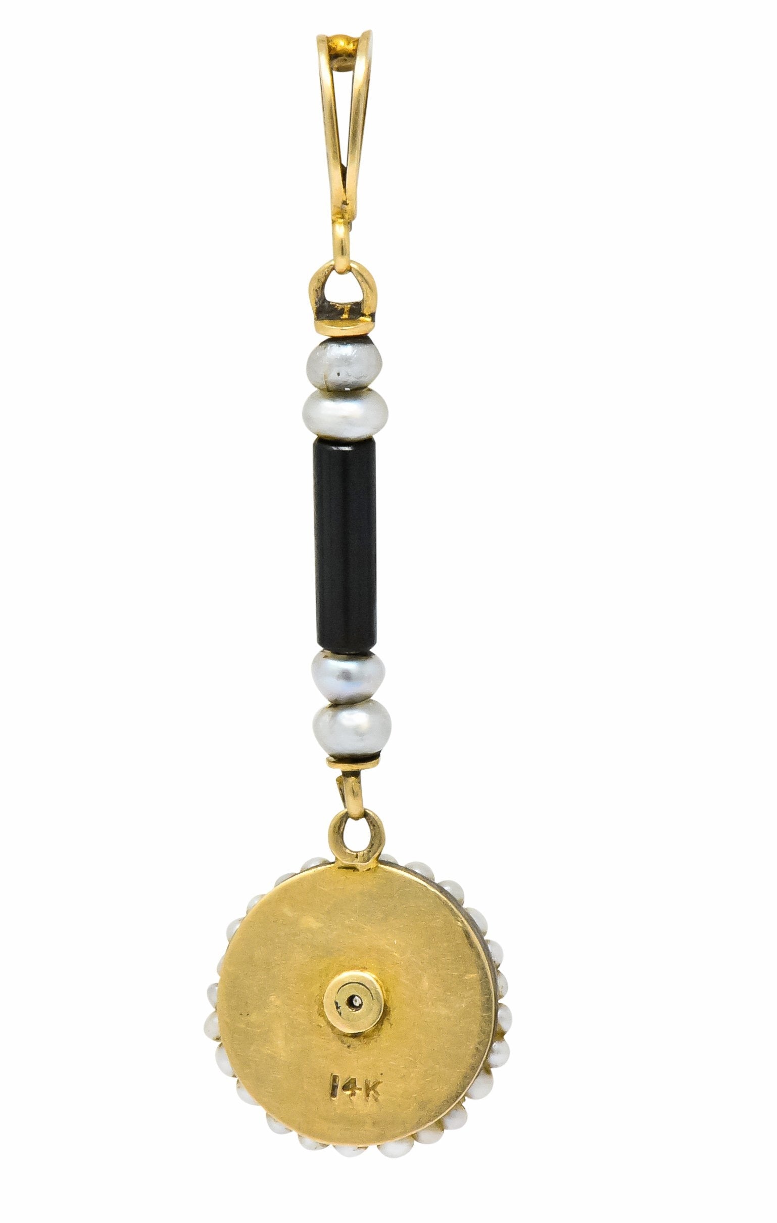 Victorian Diamond Seed Pearl Onyx 14 Karat Gold Drop Pendant Wilson's Estate Jewelry