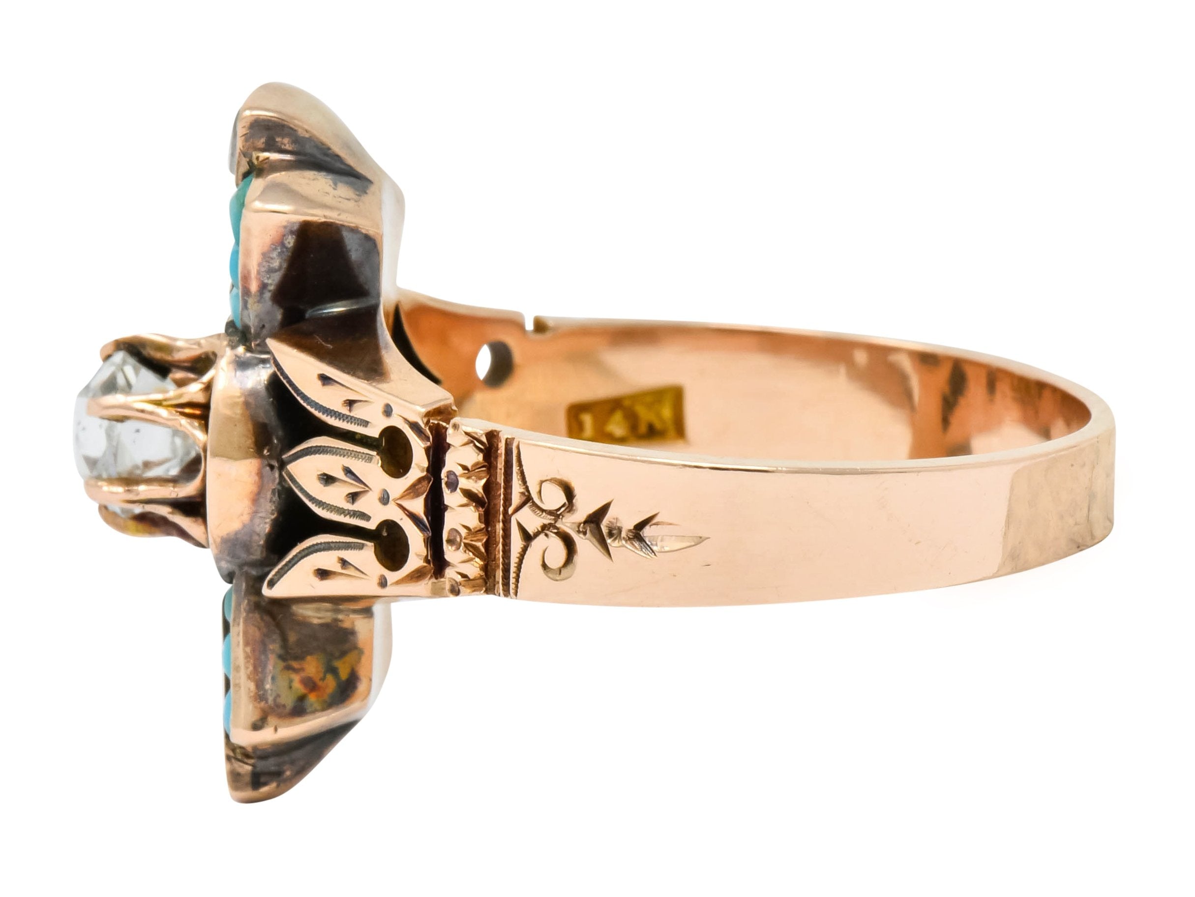 Victorian Diamond Turquoise 14 Karat Rose Gold Statement Ring - Wilson's Estate Jewelry