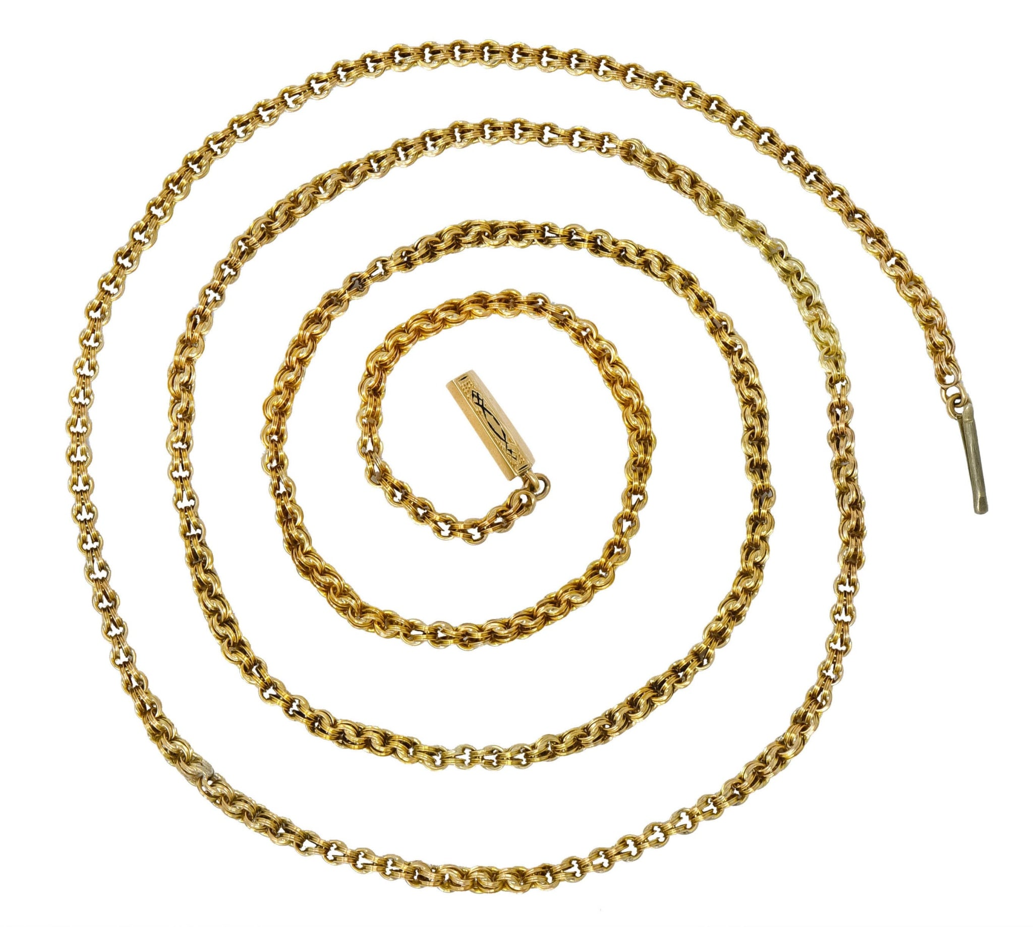 Victorian Enamel 10 Karat Gold Barrel Clasp Long Chain Necklace - Wilson's Estate Jewelry