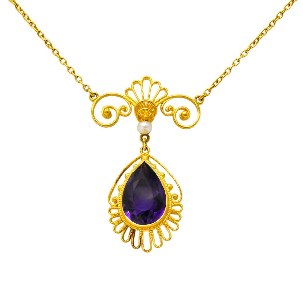 Victorian Etruscan Revival 3.50 CTW Amethyst Pearl 14 Karat Gold Necklace - Wilson's Estate Jewelry