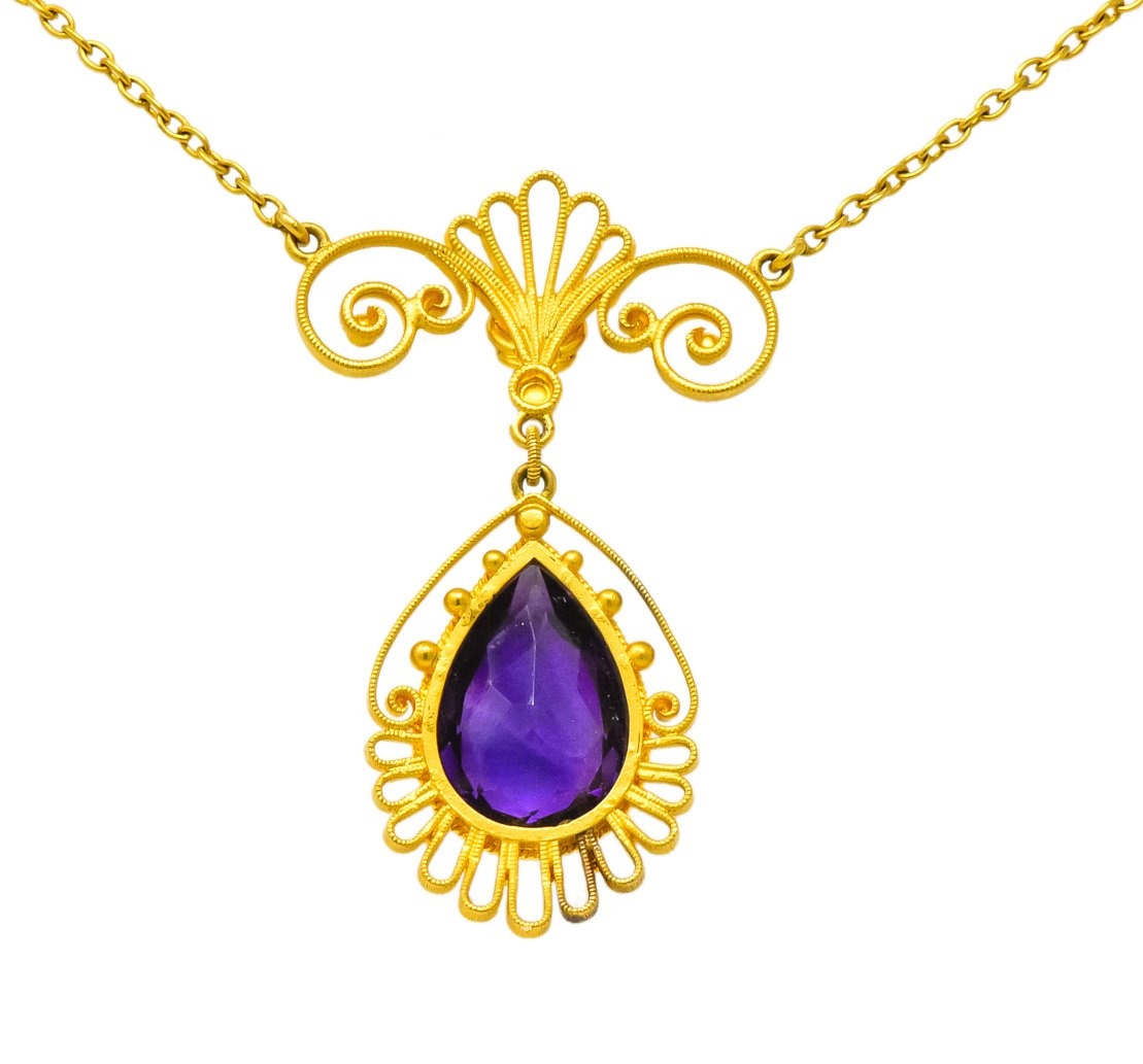 Victorian Etruscan Revival 3.50 CTW Amethyst Pearl 14 Karat Gold Necklace - Wilson's Estate Jewelry