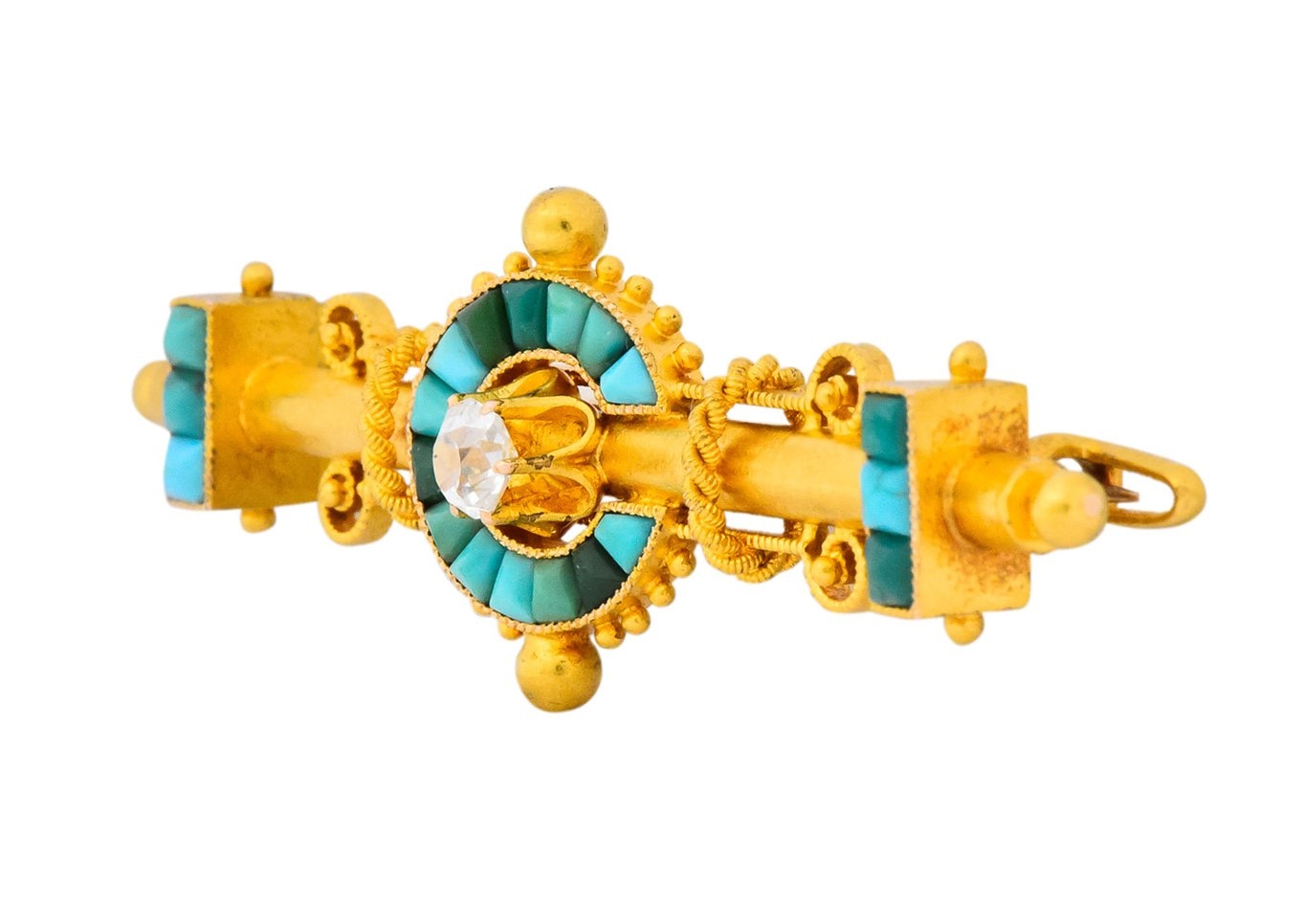 Victorian Etruscan Revival Diamond Turquoise 18 Karat Gold Brooch - Wilson's Estate Jewelry