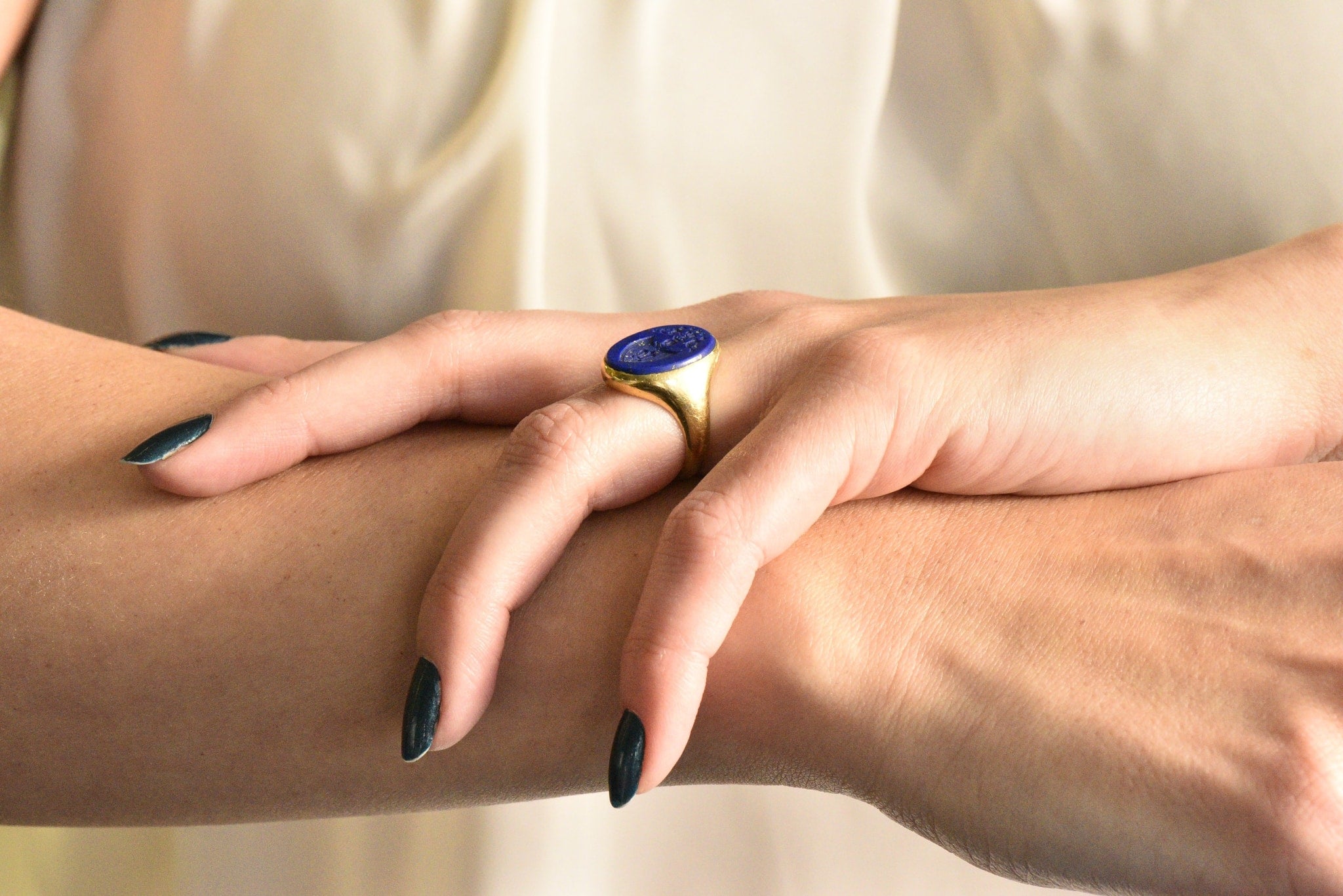 Victorian French Lapis Lazuli Intaglio 18 Karat Gold Signet Ring Wilson's Estate Jewelry