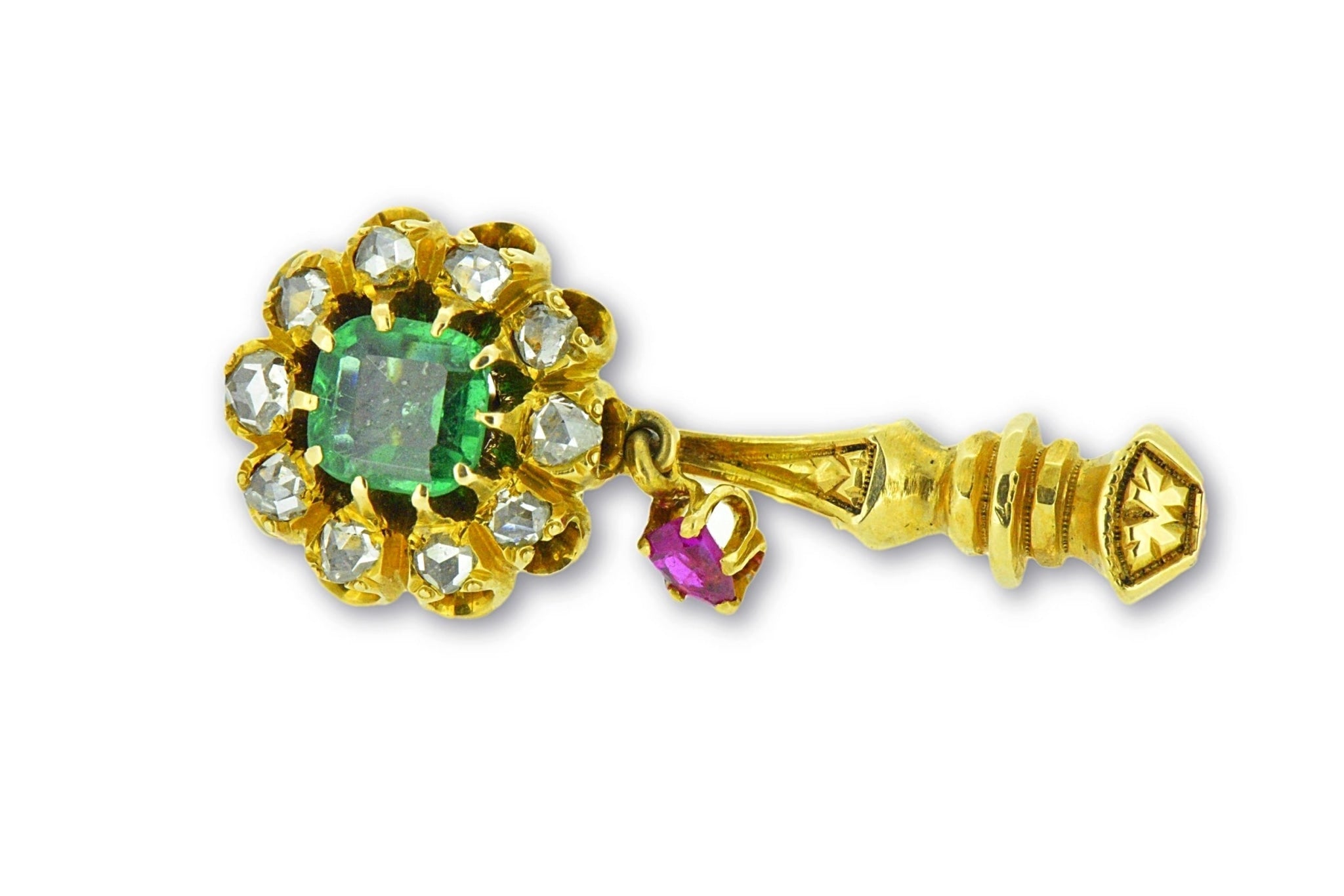 Victorian Halley's Comet Emerald Rose Cut Diamond Ruby 14K Gold Pin Wilson's Estate Jewelry