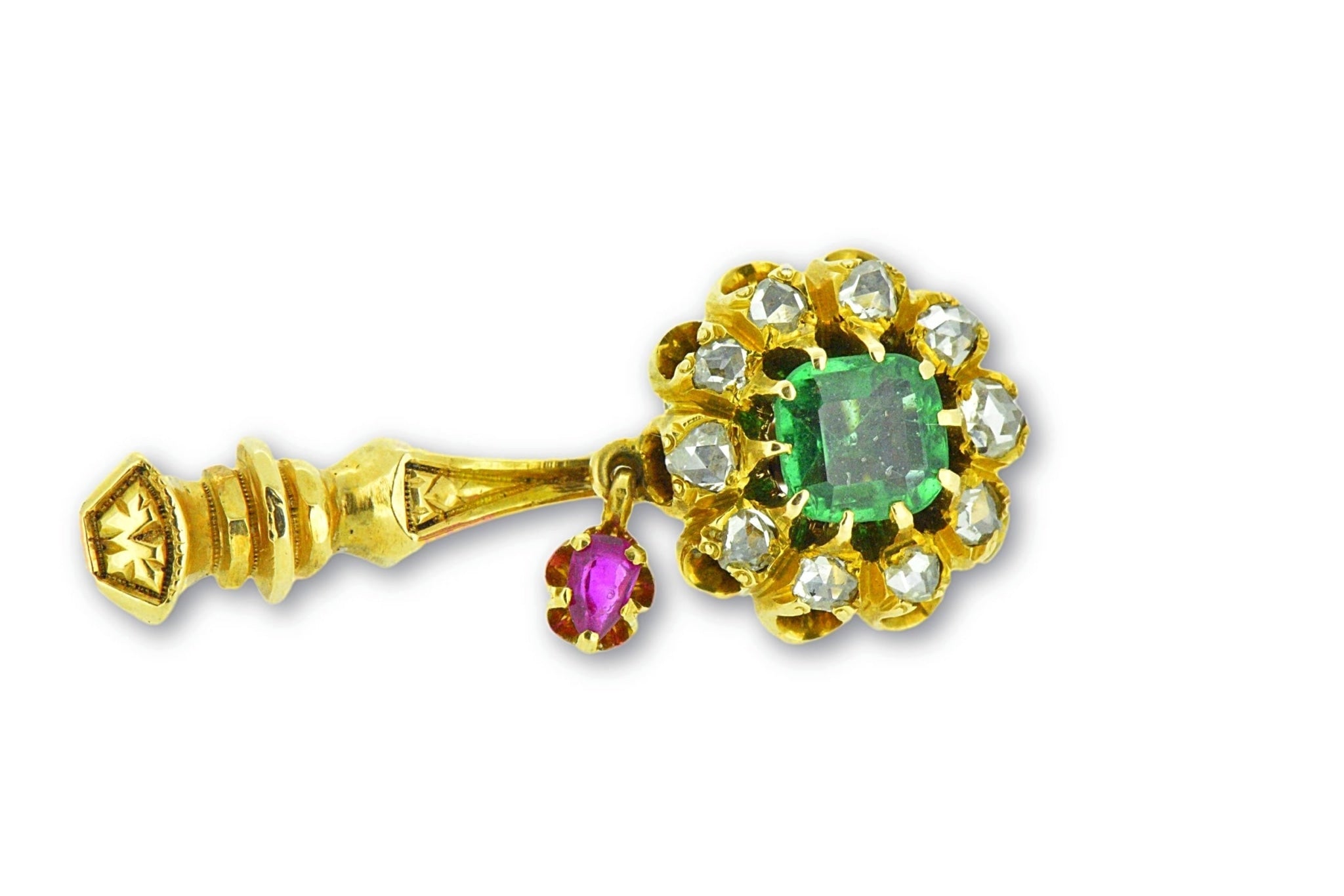 Victorian Halley's Comet Emerald Rose Cut Diamond Ruby 14K Gold Pin Wilson's Estate Jewelry