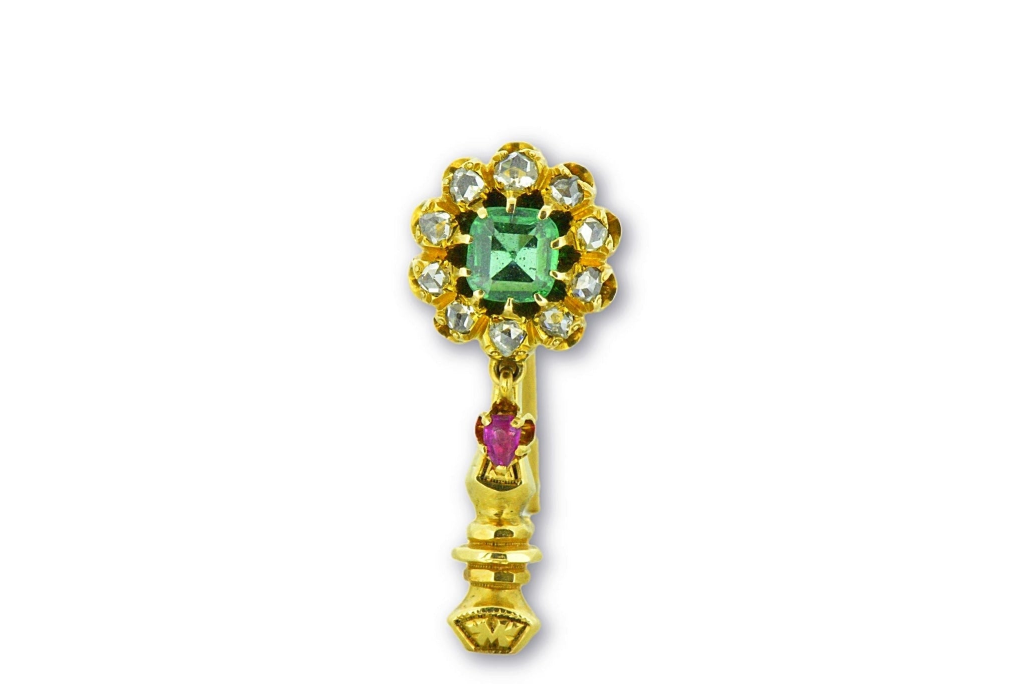 Victorian Halley's Comet Emerald Rose Cut Diamond Ruby 14K Gold Pin Wilson's Estate Jewelry