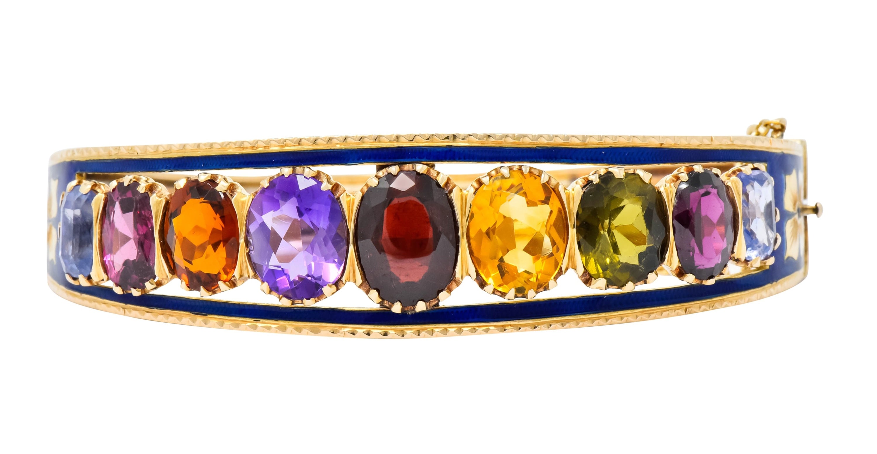 Victorian Multi-Gem Sapphire Citrine Enamel 14 Karat Gold Bangle Bracelet Circa 1880 - Wilson's Estate Jewelry