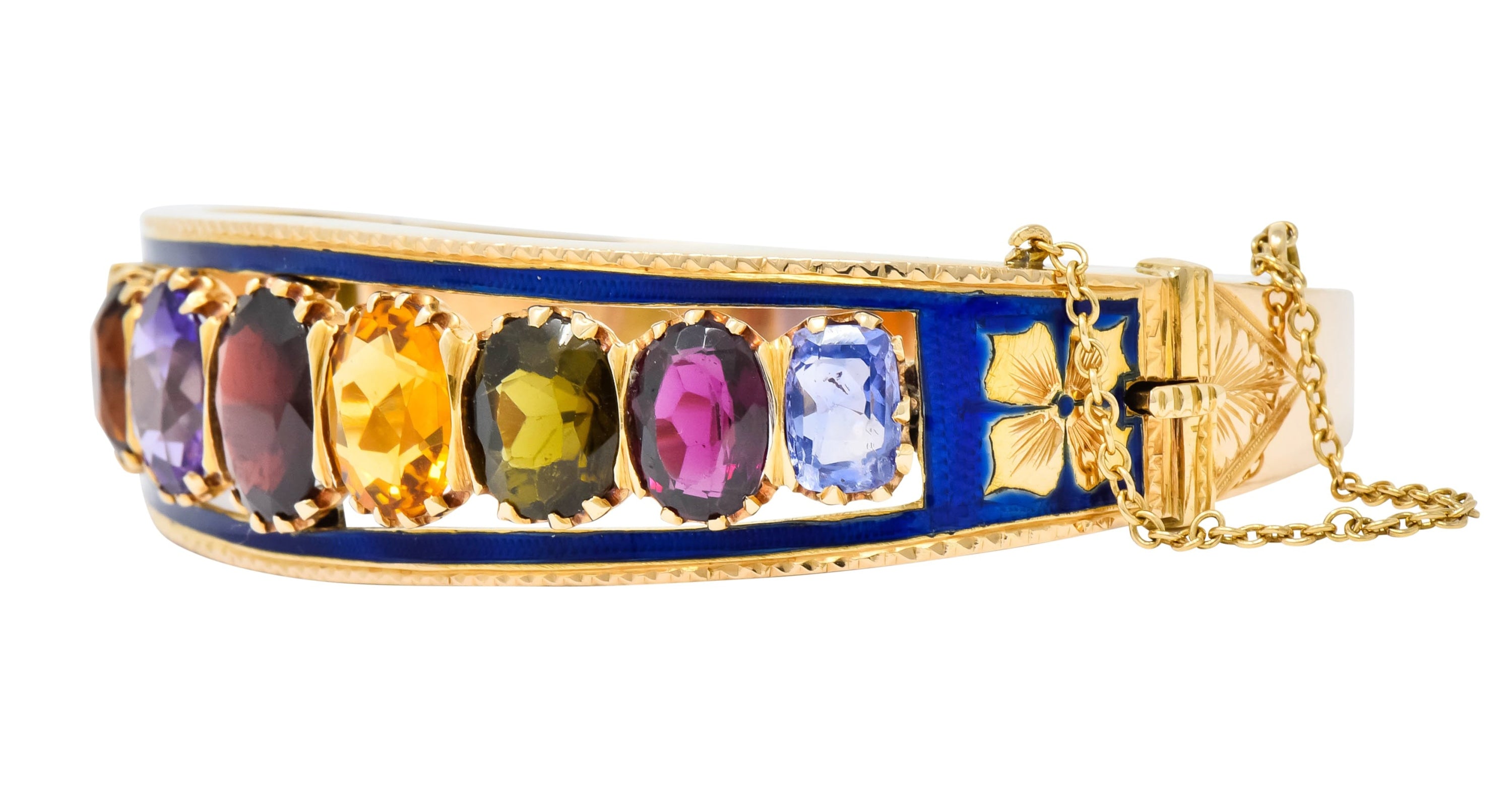 Victorian Multi-Gem Sapphire Citrine Enamel 14 Karat Gold Bangle Bracelet Circa 1880 - Wilson's Estate Jewelry
