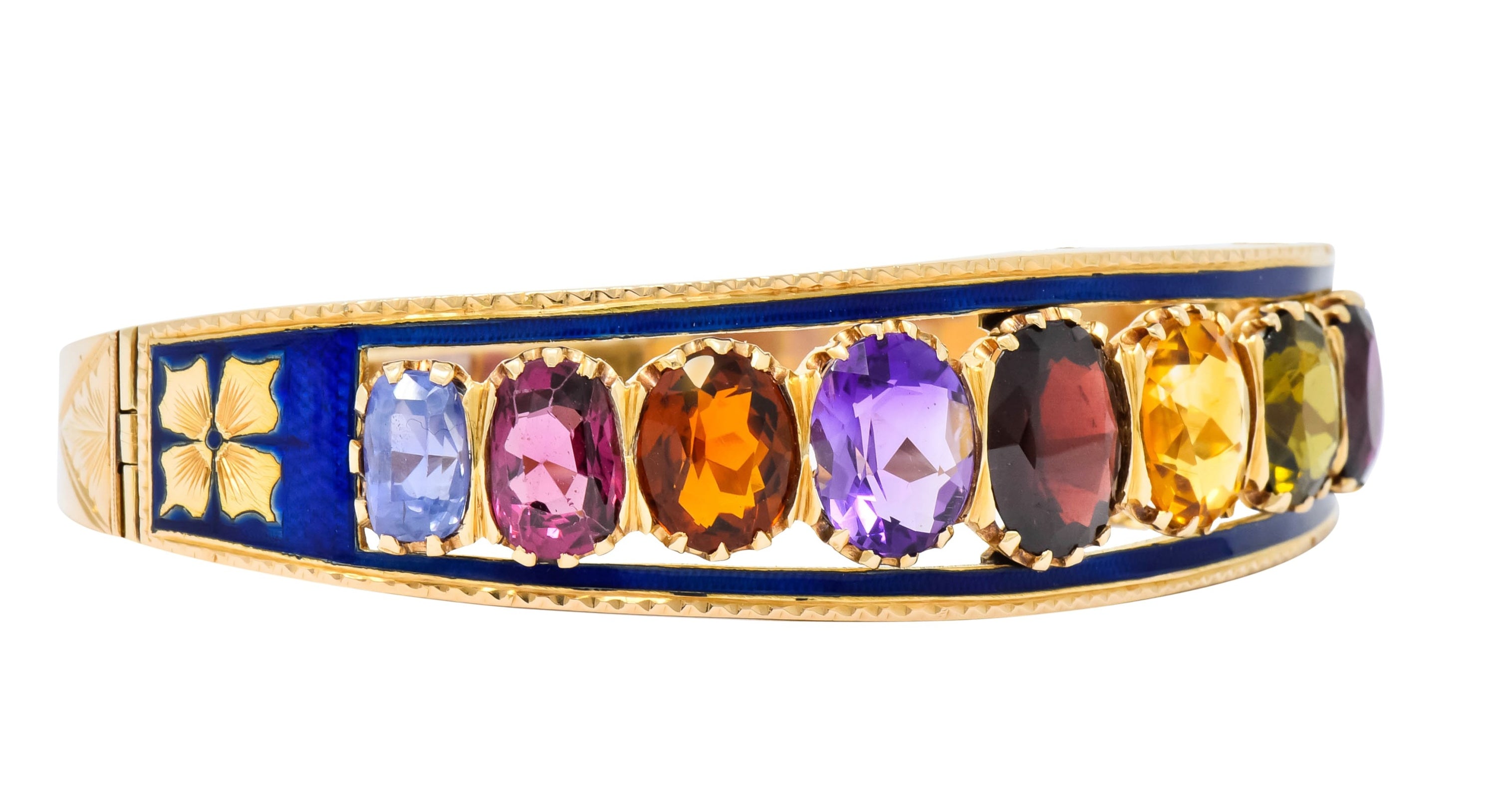 Victorian Multi-Gem Sapphire Citrine Enamel 14 Karat Gold Bangle Bracelet Circa 1880 - Wilson's Estate Jewelry