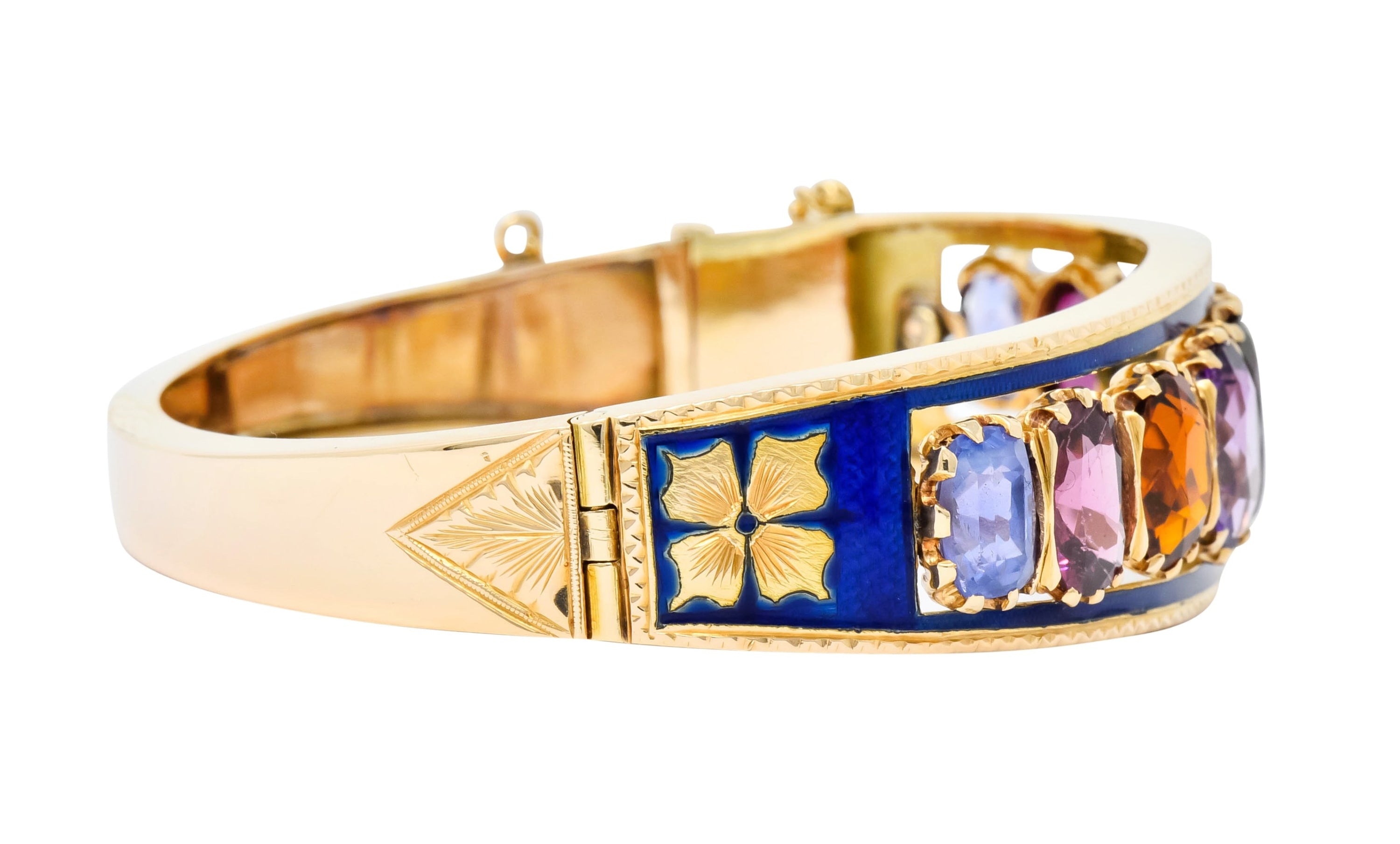 Victorian Multi-Gem Sapphire Citrine Enamel 14 Karat Gold Bangle Bracelet Circa 1880 - Wilson's Estate Jewelry