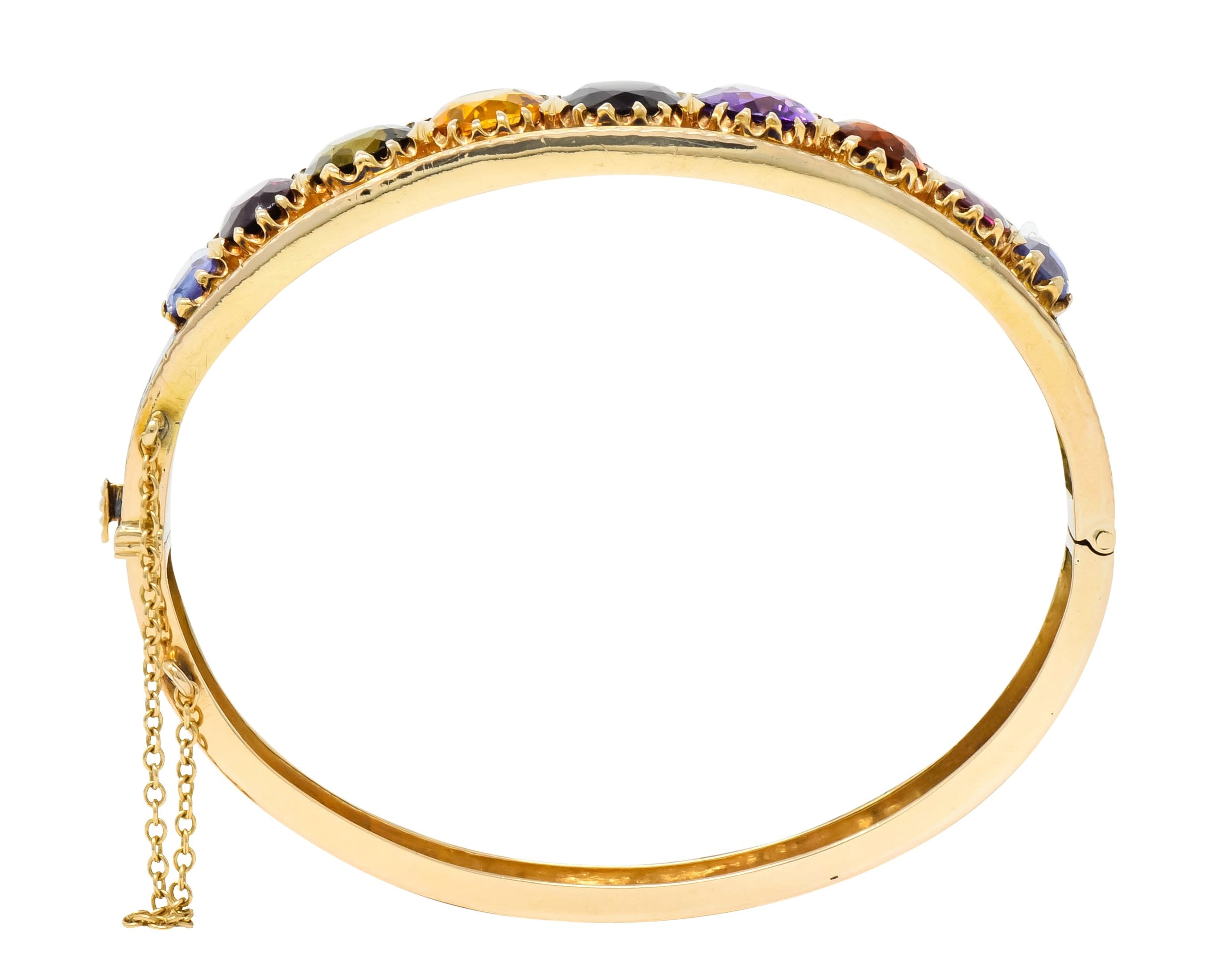 Victorian Multi-Gem Sapphire Citrine Enamel 14 Karat Gold Bangle Bracelet Circa 1880 - Wilson's Estate Jewelry