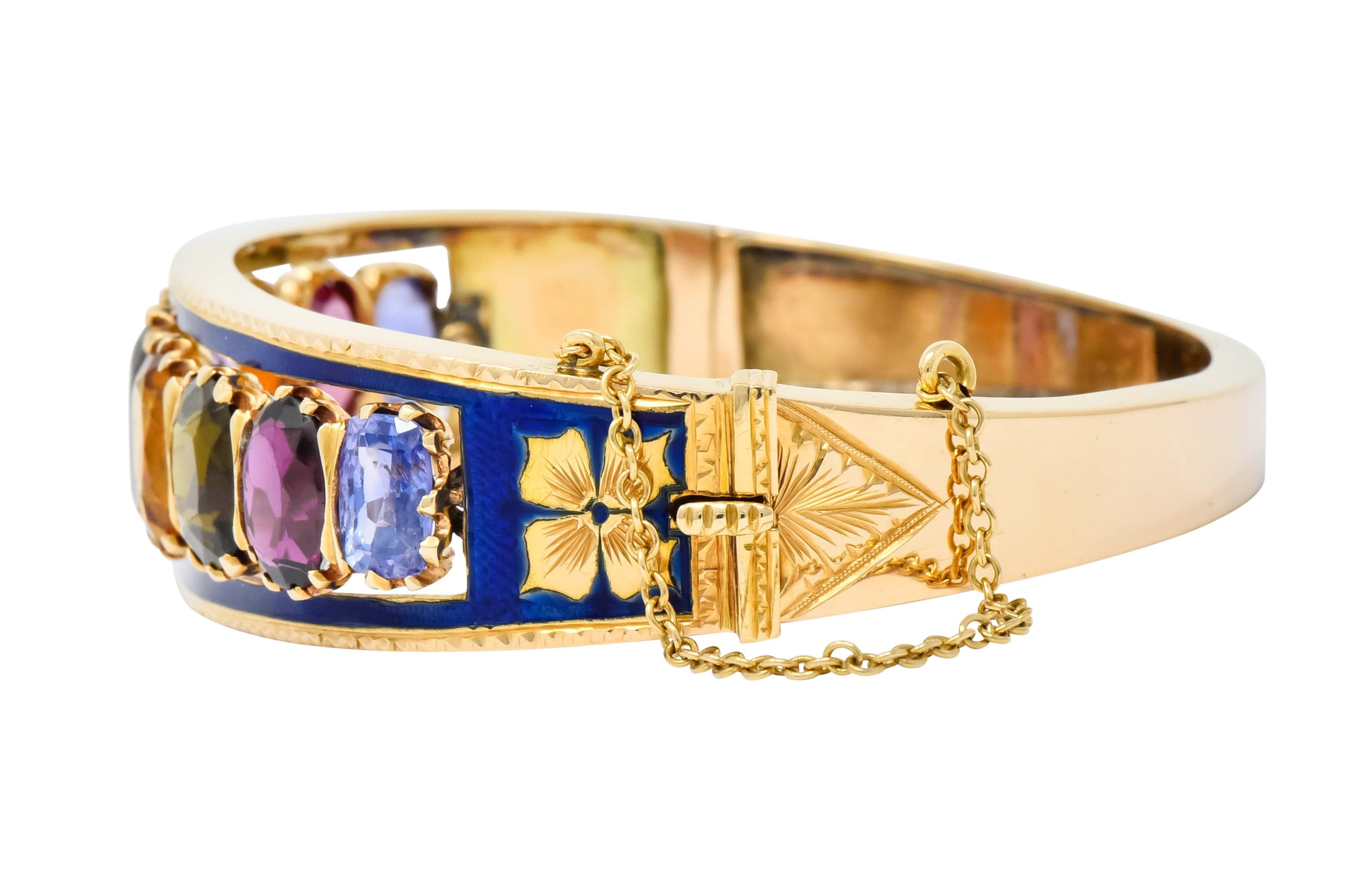 Victorian Multi-Gem Sapphire Citrine Enamel 14 Karat Gold Bangle Bracelet Circa 1880 - Wilson's Estate Jewelry