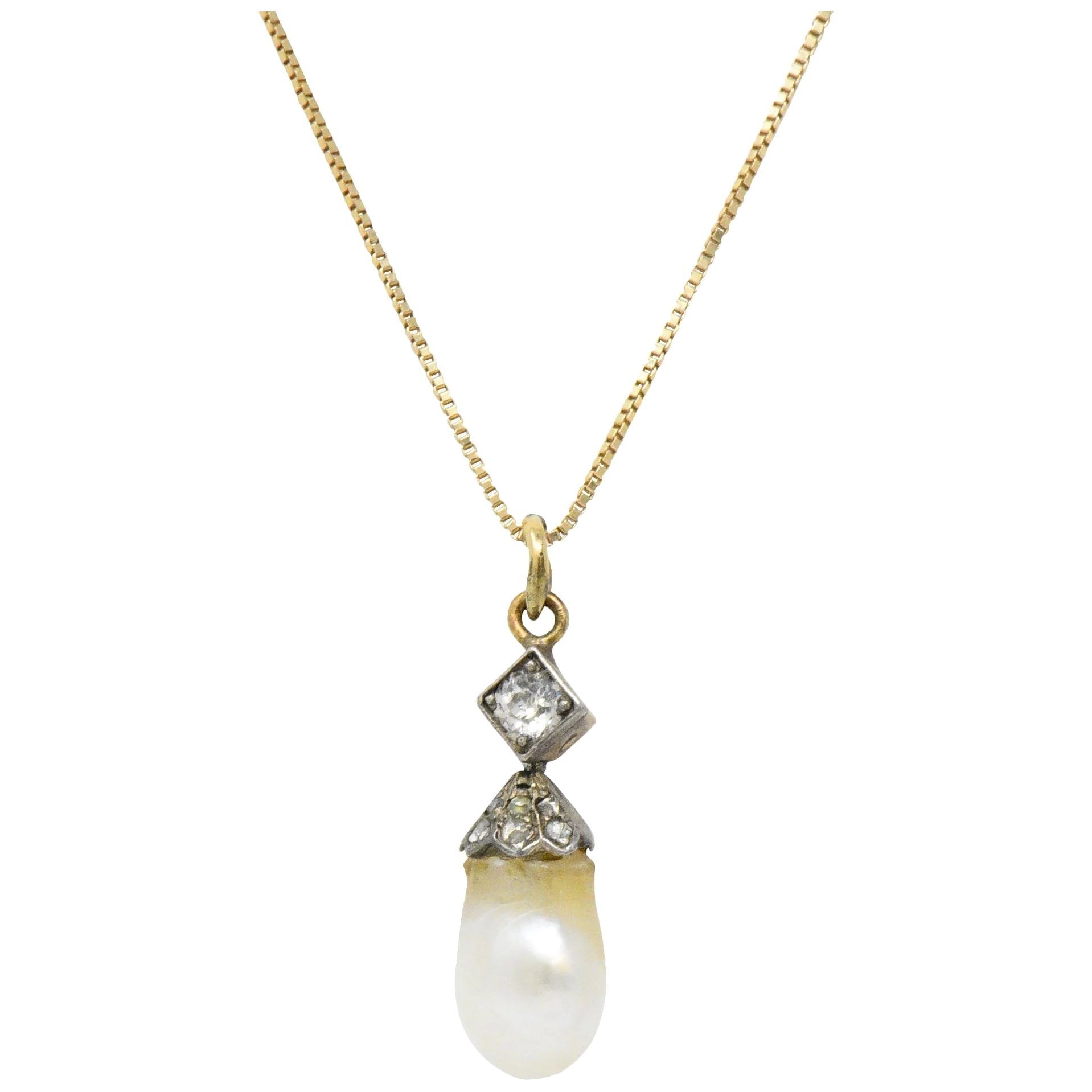 Victorian Natural Baroque Pearl Diamond Silver-Topped 14 Karat Gold Pendant Necklace Wilson's Estate Jewelry
