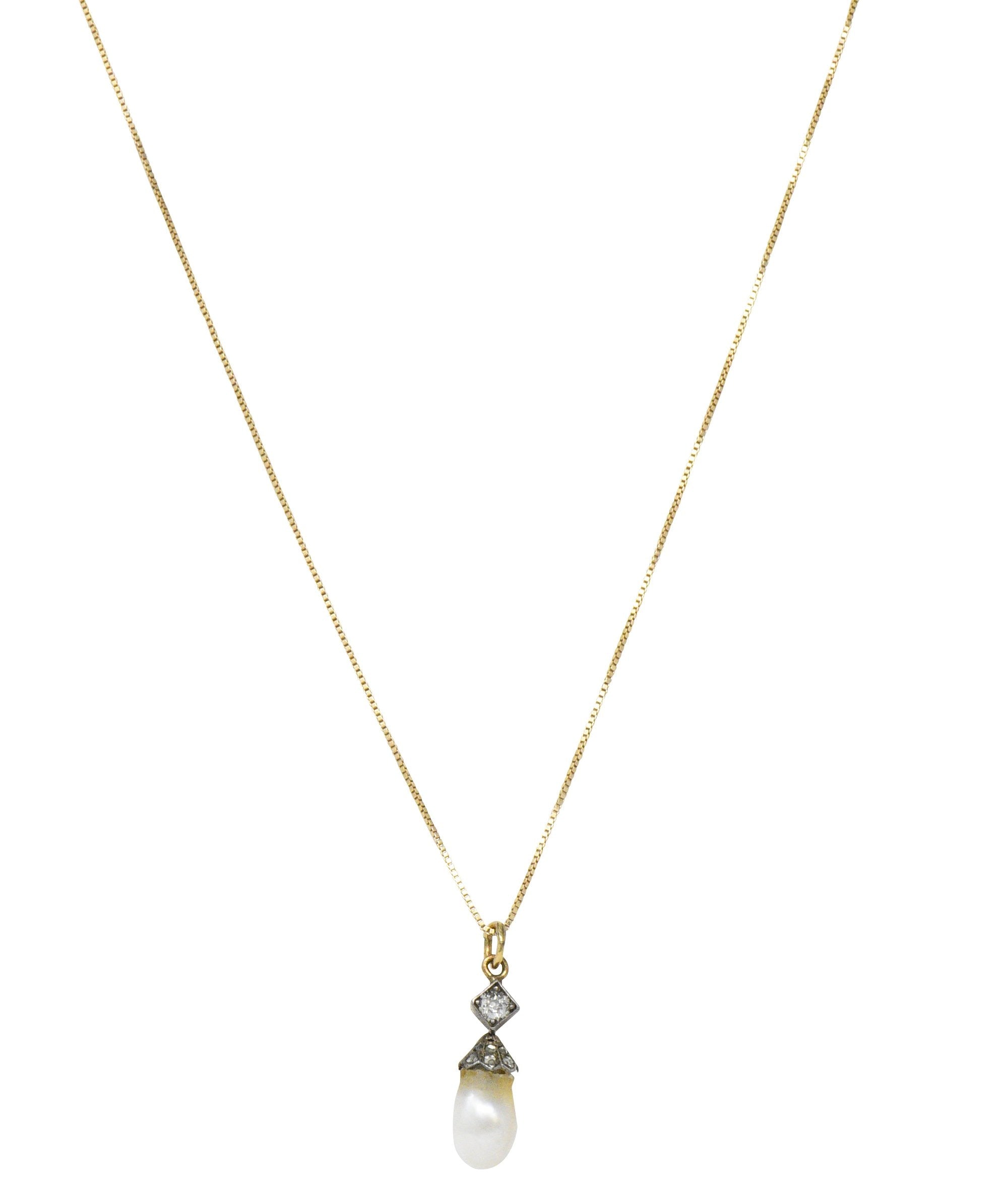 Victorian Natural Baroque Pearl Diamond Silver-Topped 14 Karat Gold Pendant Necklace Wilson's Estate Jewelry