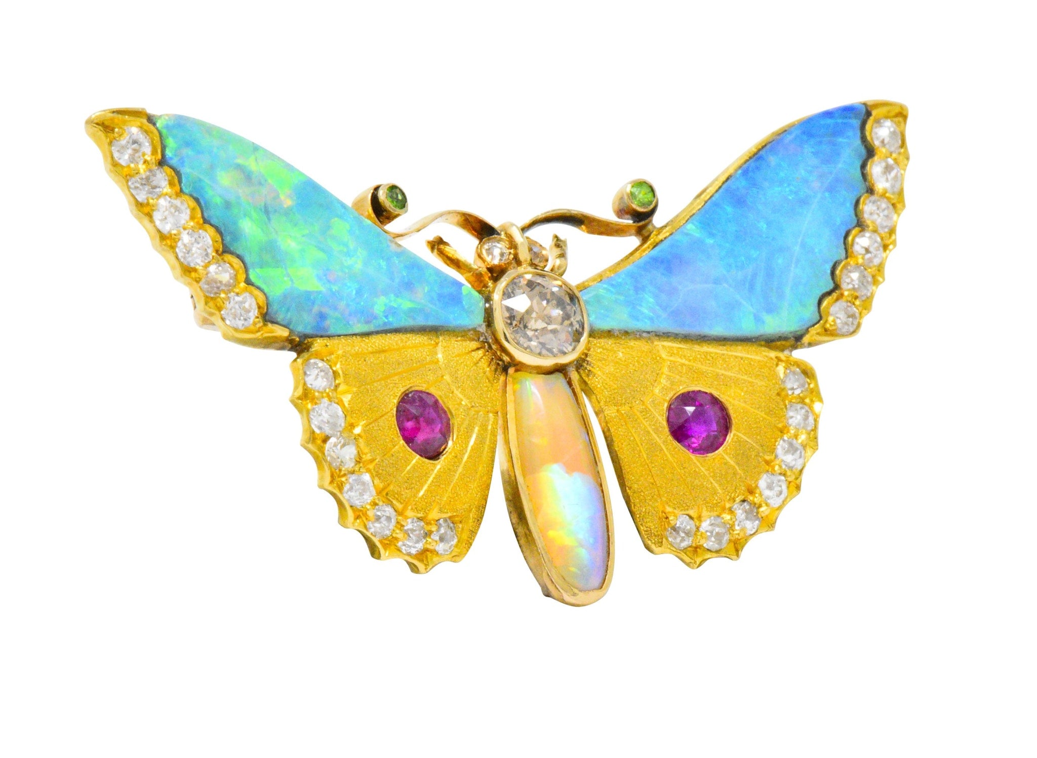 Victorian Opal Diamond Ruby Demantoid Garnet 14 Karat Gold Butterfly Brooch Wilson's Estate Jewelry