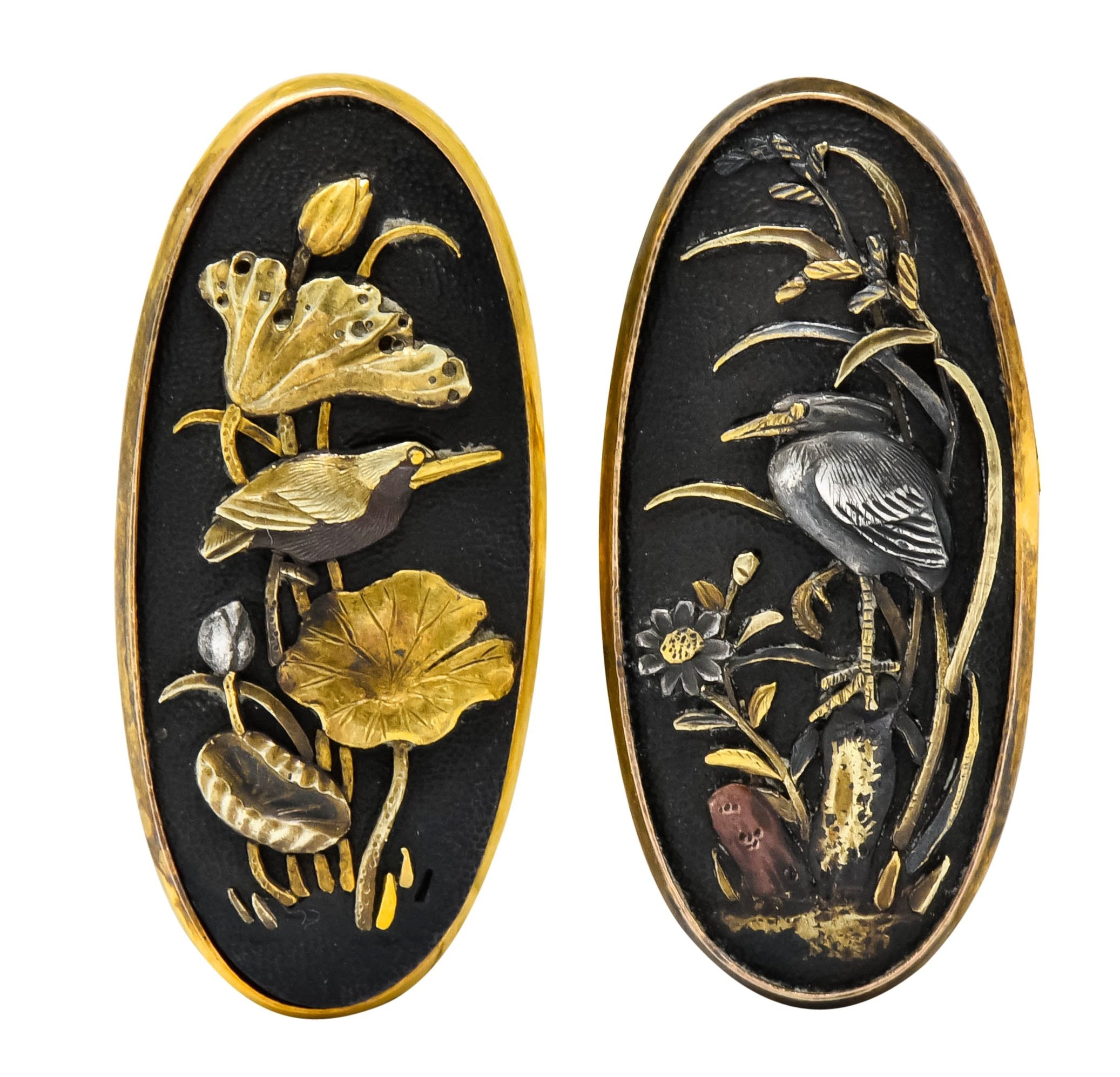 Victorian Shakudo 14 Karat Gold Mixed Metal Floral Bird Men's Cufflinks - Wilson's Estate Jewelry