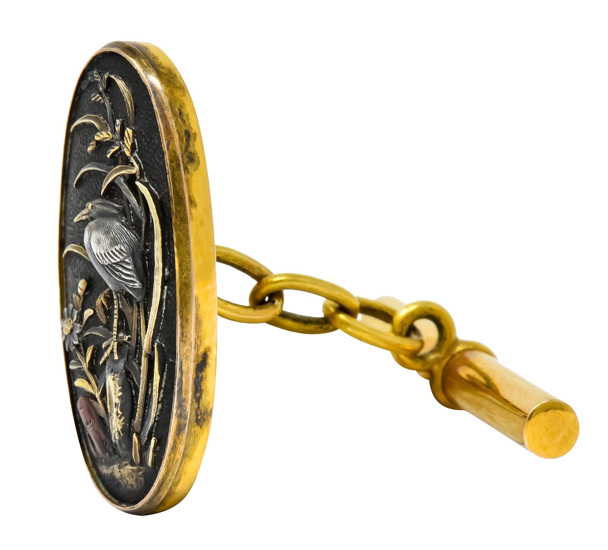 Victorian Shakudo 14 Karat Gold Mixed Metal Floral Bird Men's Cufflinks - Wilson's Estate Jewelry