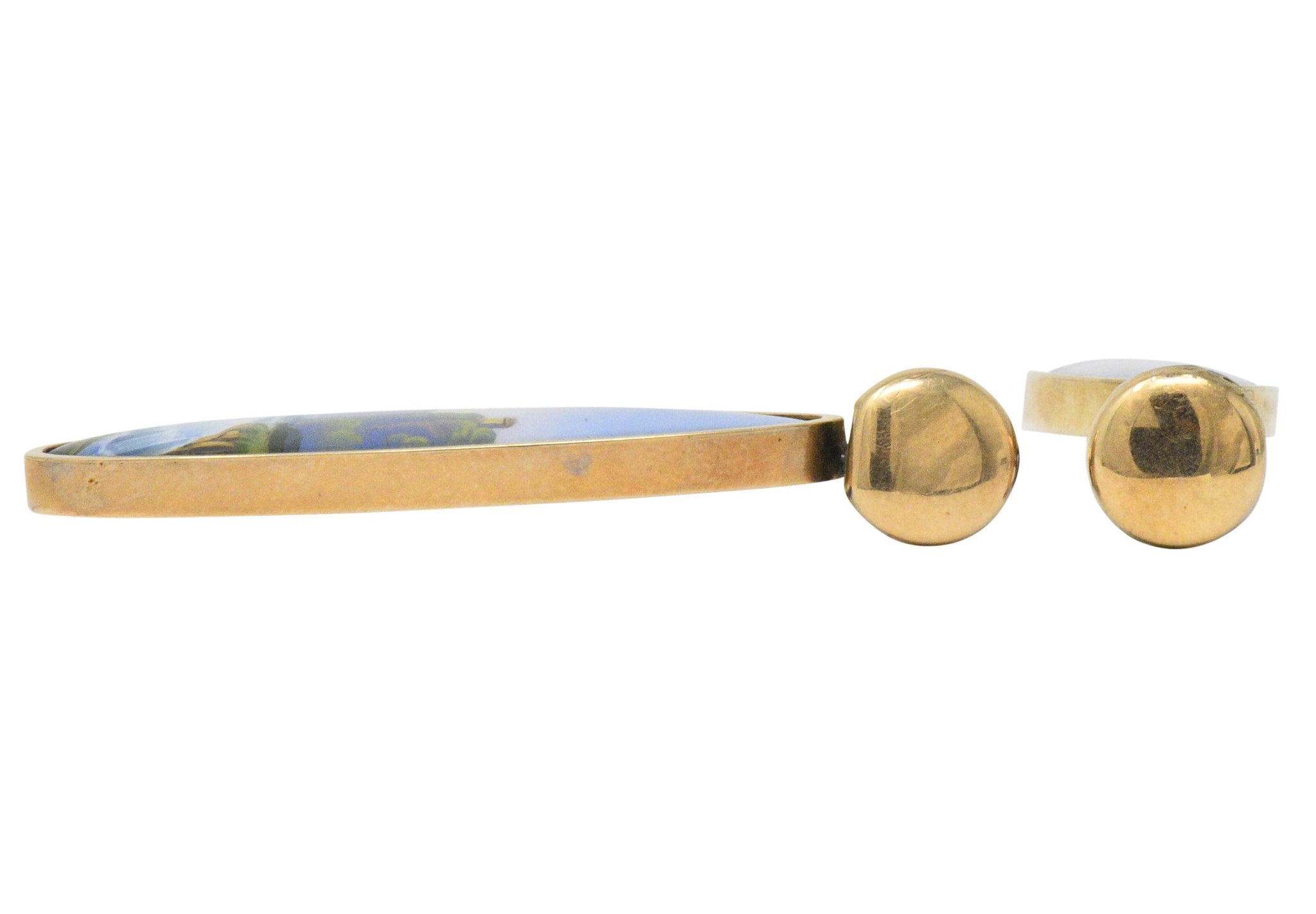 Victorian Swiss Enamel Painted Porcelain 14 Karat Gold Drop Earrings Wilson's Estate Jewelry