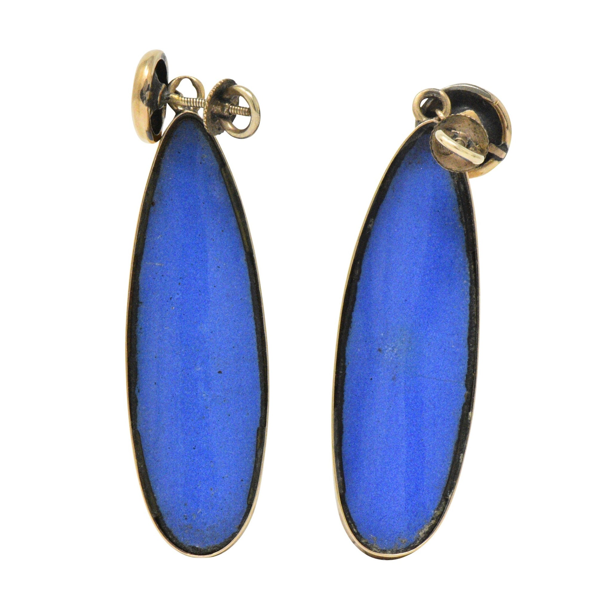 Victorian Swiss Enamel Painted Porcelain 14 Karat Gold Drop Earrings Wilson's Estate Jewelry